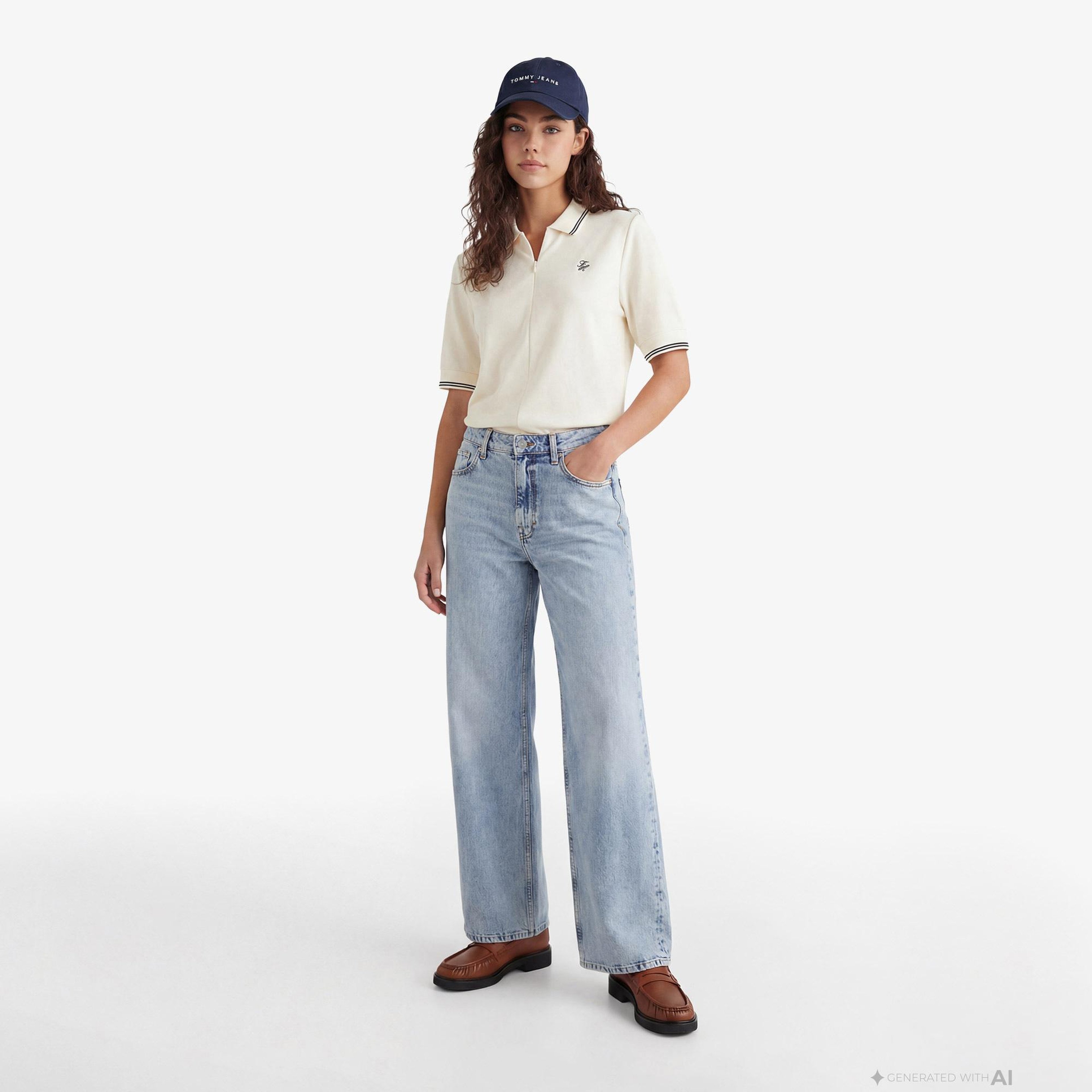 Tommy Hilfiger Script Liyosel Kadın Bej Polo Yaka T-Shirt