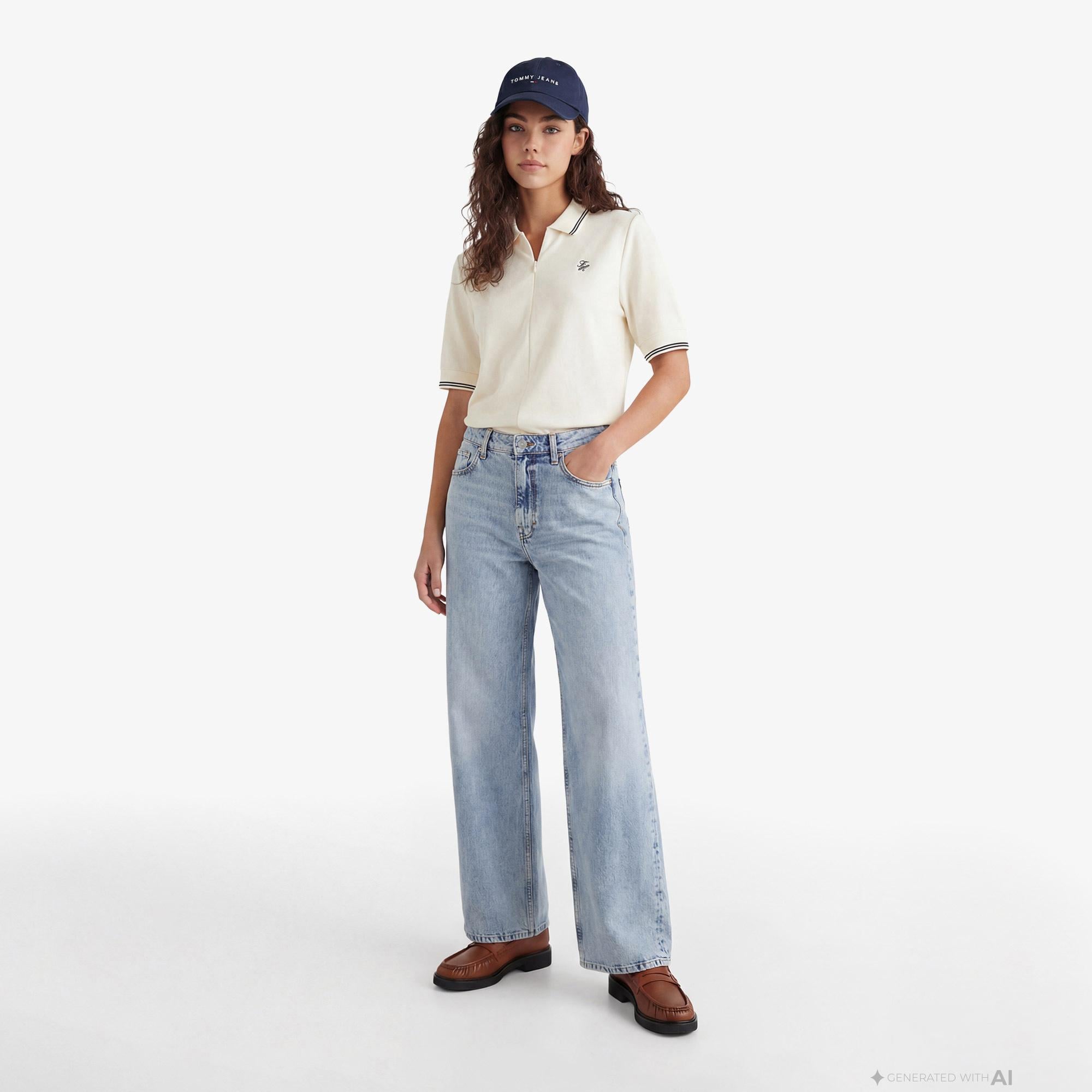 Tommy Hilfiger Script Liyosel Kadın Bej Polo Yaka T-Shirt