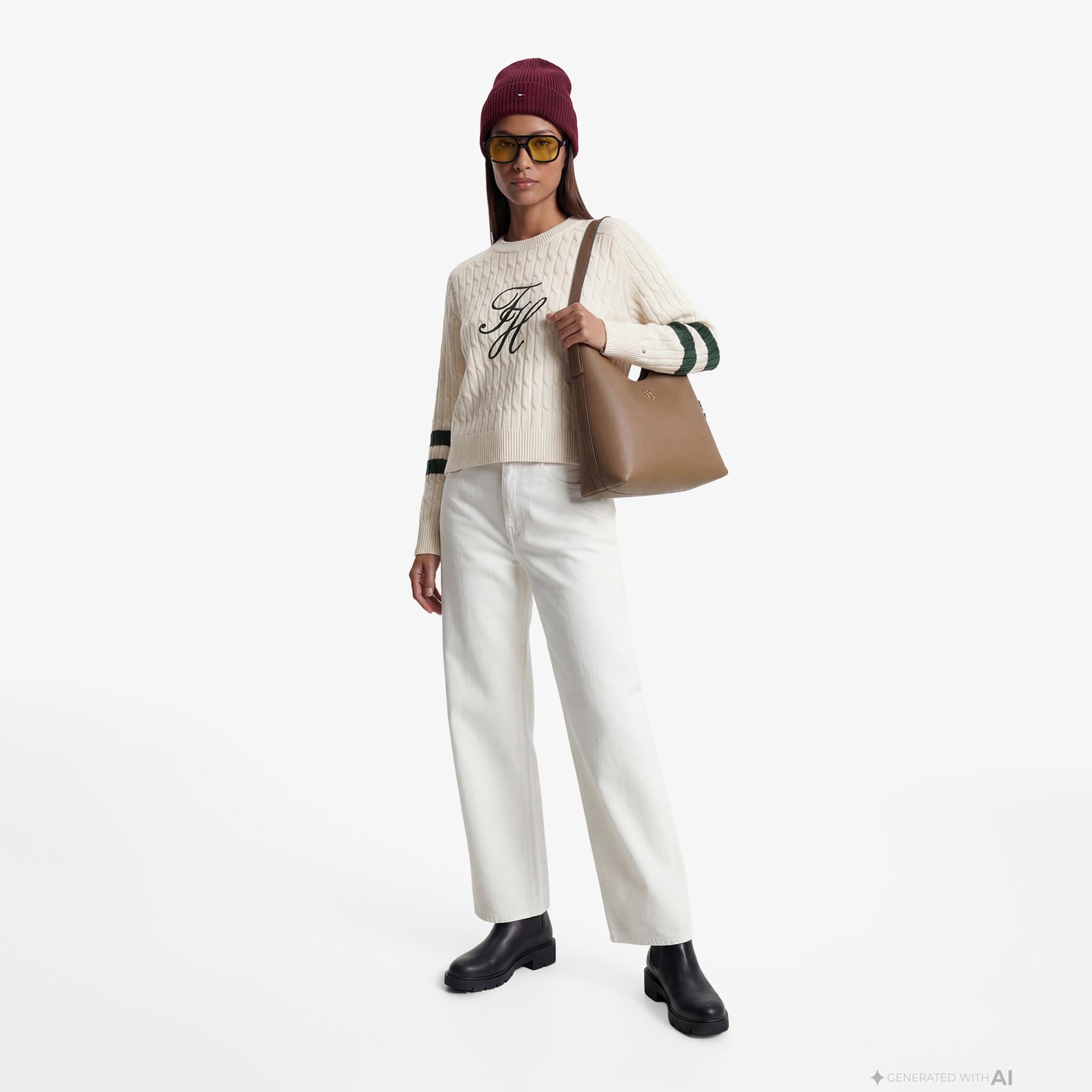 Tommy Hilfiger Textured Graphic Kadın Bej Triko