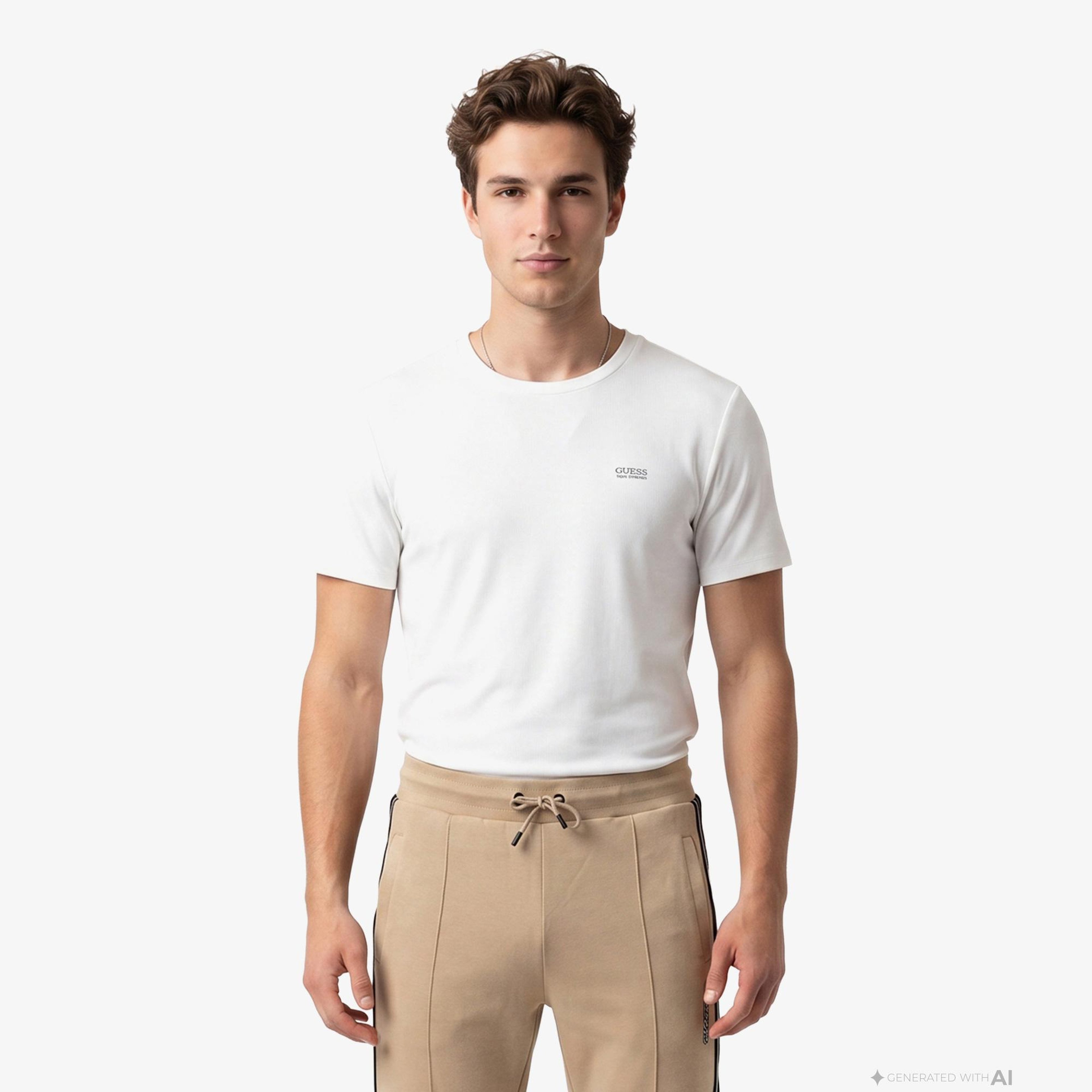 Guess Waffle Slim Fit Erkek Beyaz T-Shirt