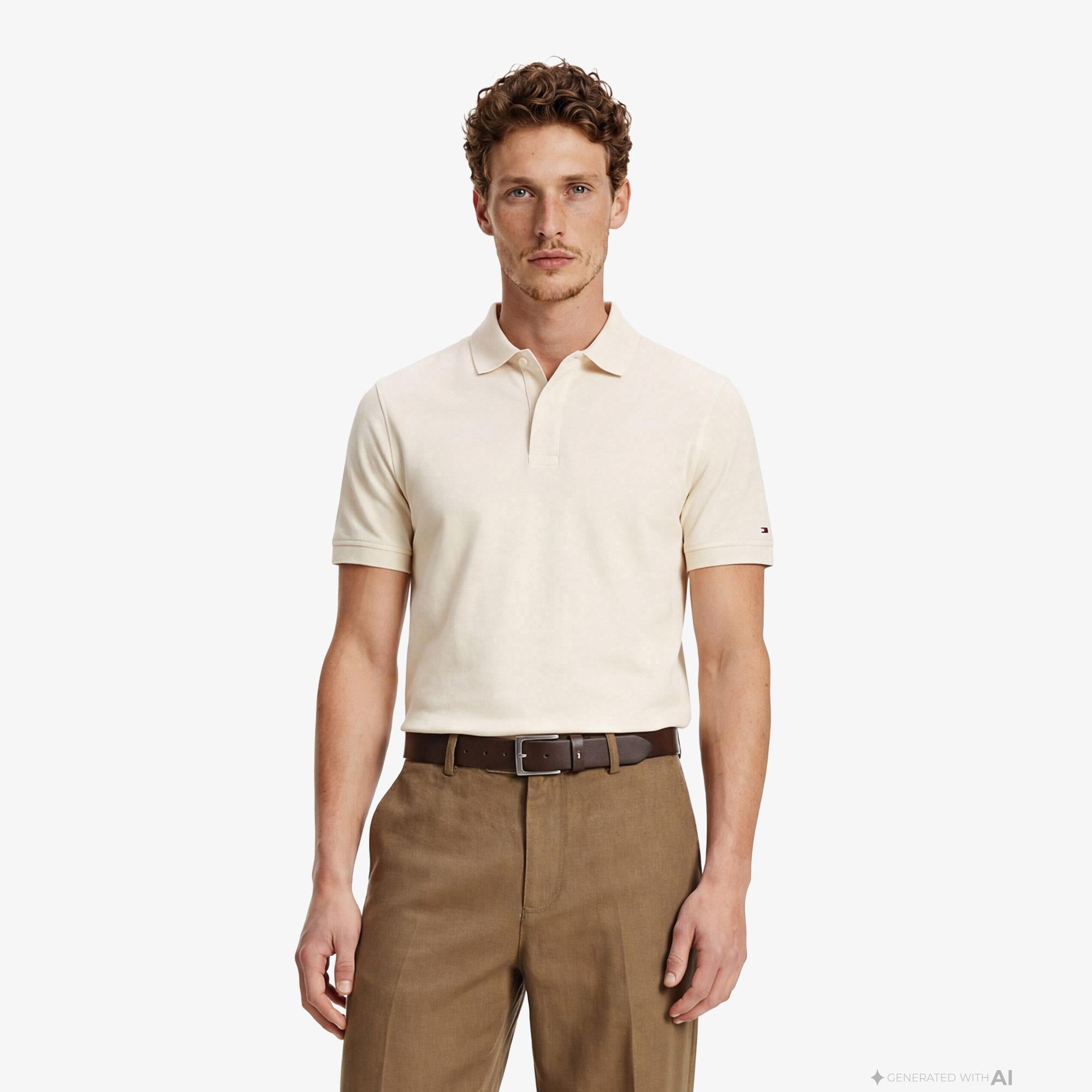Tommy Hilfiger Elevated Essentials Erkek Krem Rengi Polo Yaka T-Shirt