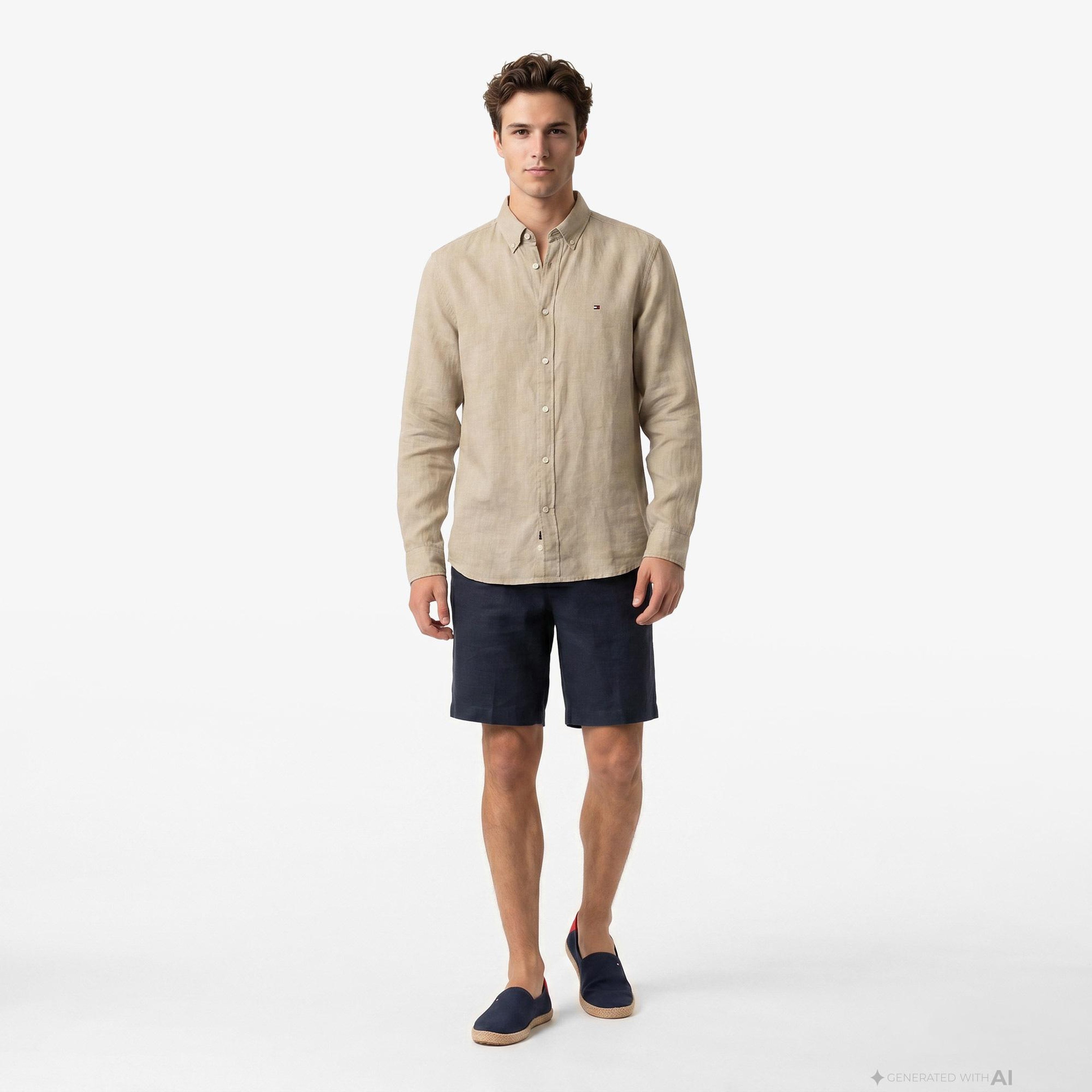 Tommy Hilfiger Seasonal Quality Erkek Haki Keten Gömlek