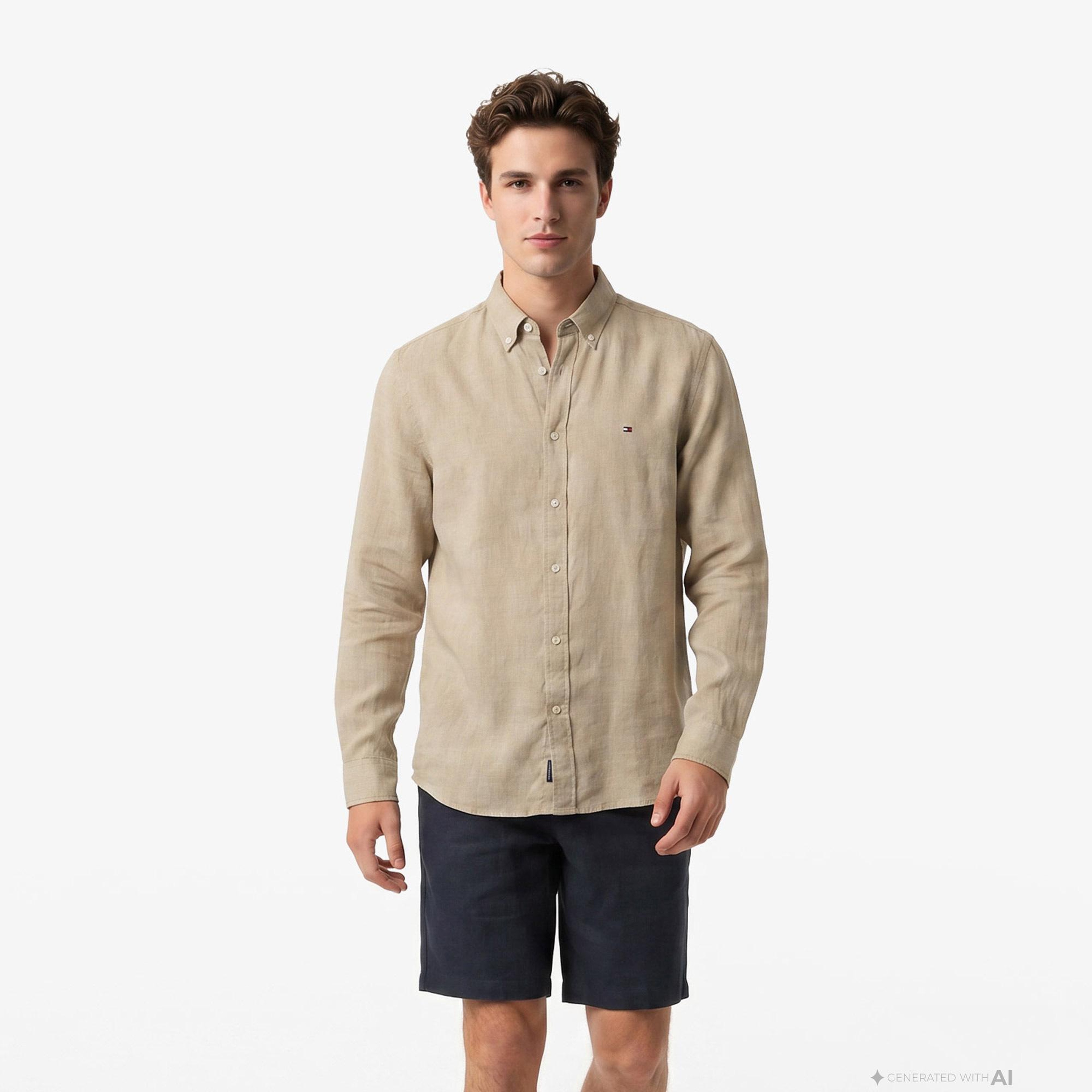 Tommy Hilfiger Seasonal Quality Erkek Haki Keten Gömlek