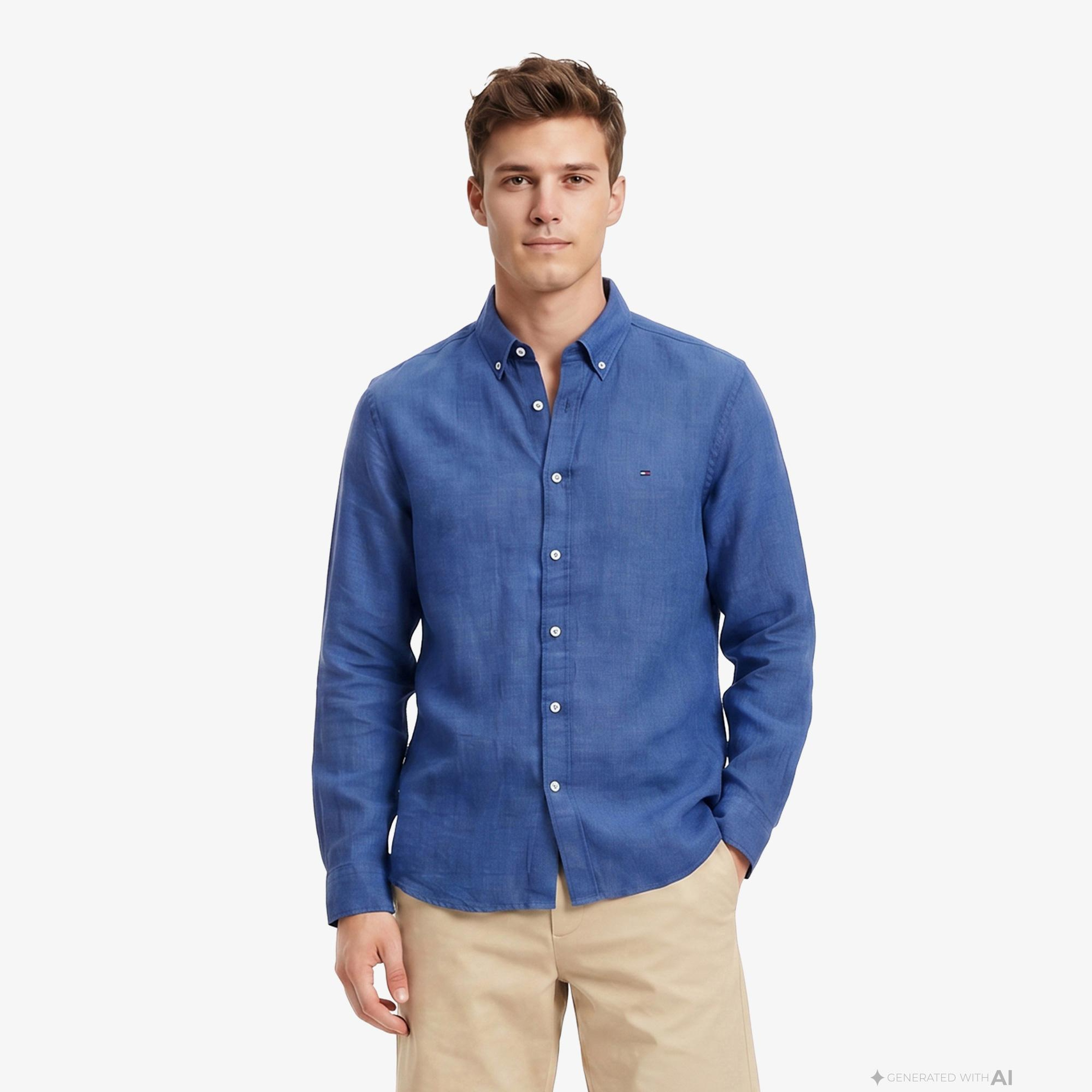 Tommy Hilfiger Seasonal Quality Erkek Mavi Keten Gömlek