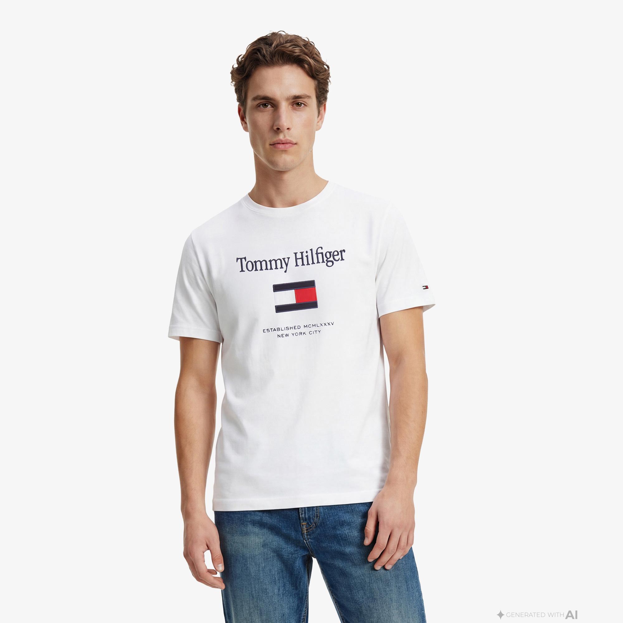 Tommy Hilfiger Abo Embro Flag Erkek Beyaz T-Shirt