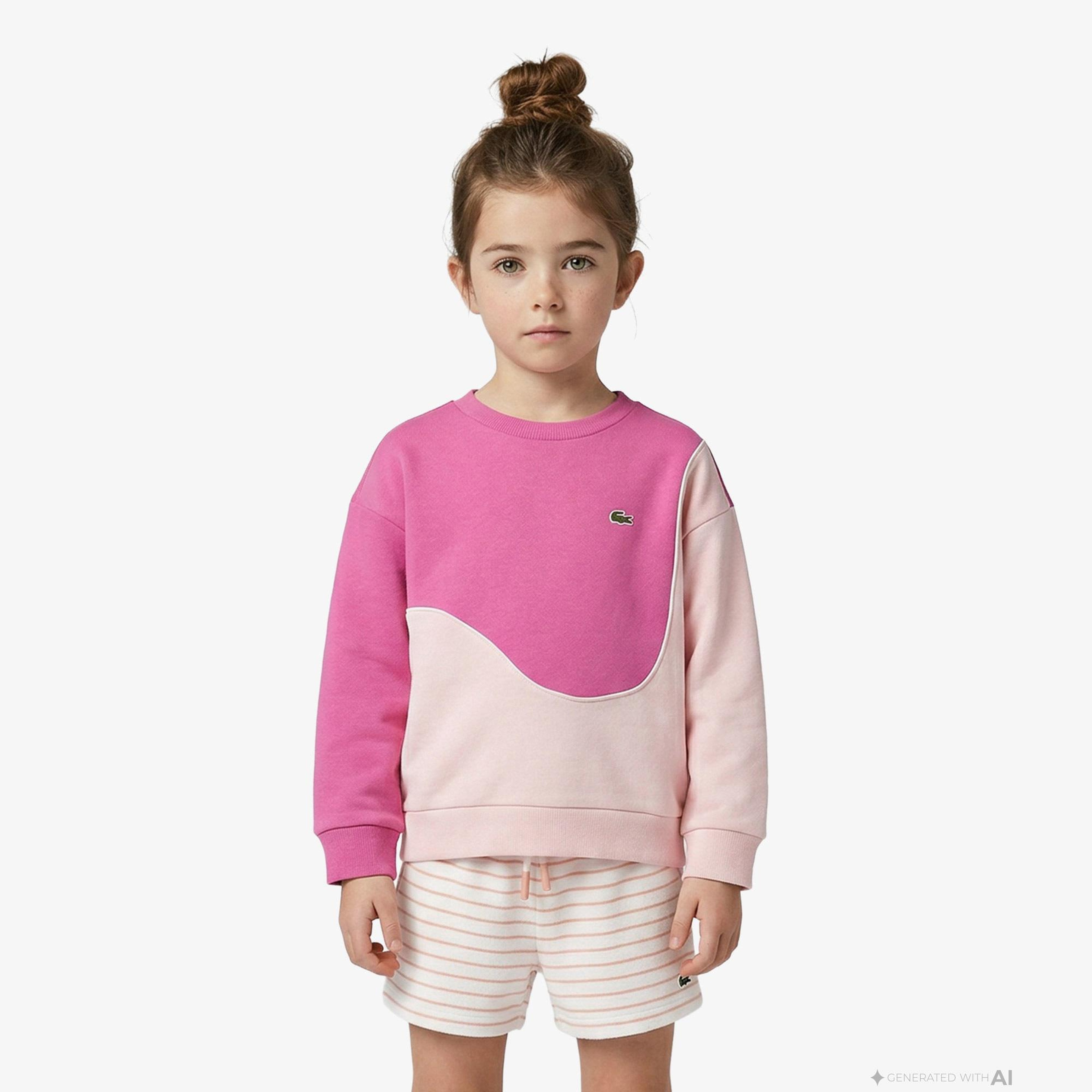 Çocuk Bisiklet Yaka Renk Bloklu Pembe Sweatshirt