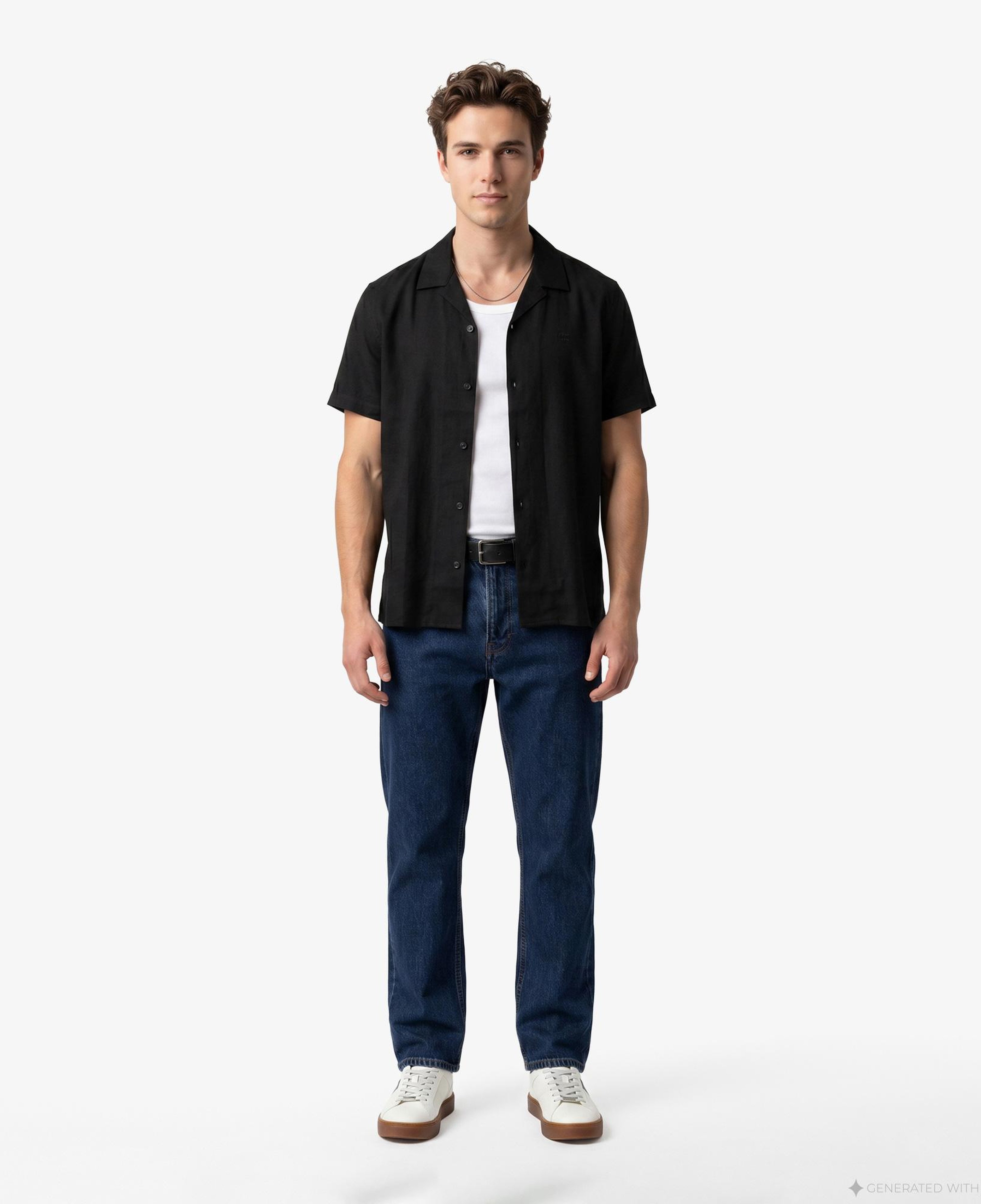 Calvin Klein Camp Collar Solid Class Erkek Siyah Keten Gömlek