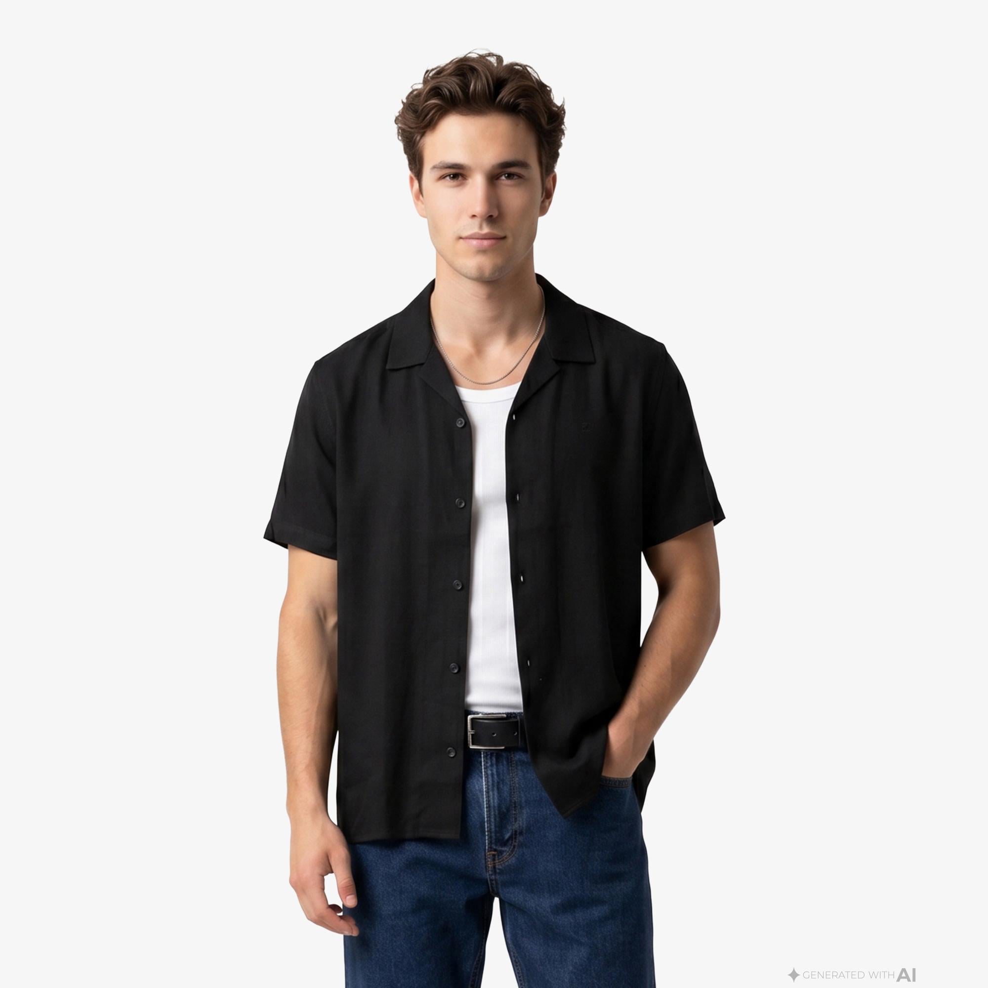Calvin Klein Camp Collar Solid Class Erkek Siyah Keten Gömlek
