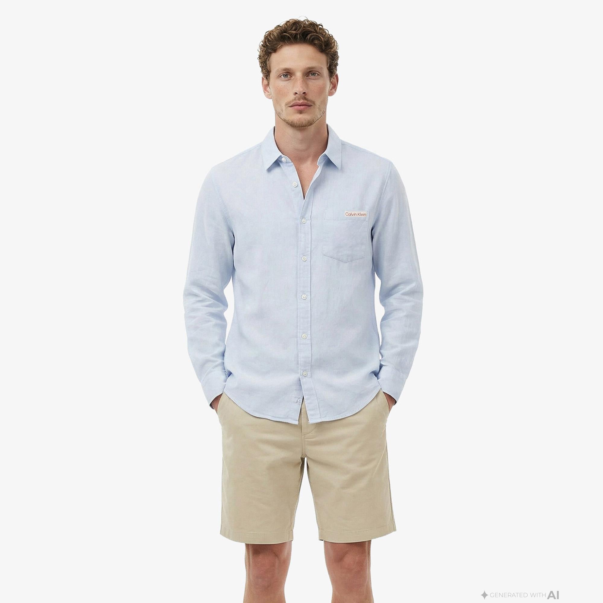 Calvin Klein Solid Casual Classic Erkek Mavi Keten Gömlek