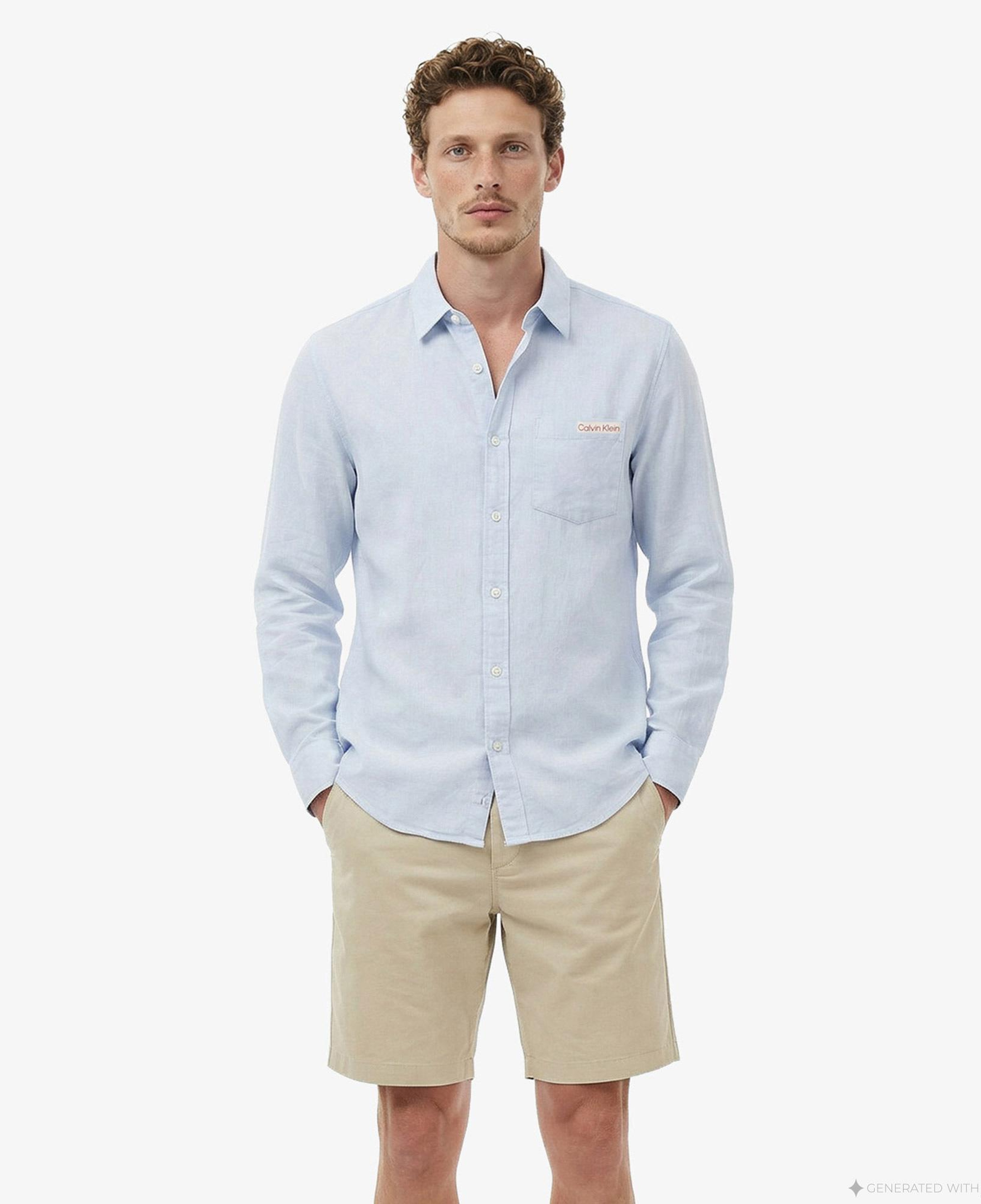 Calvin Klein Solid Casual Classic Erkek Mavi Keten Gömlek
