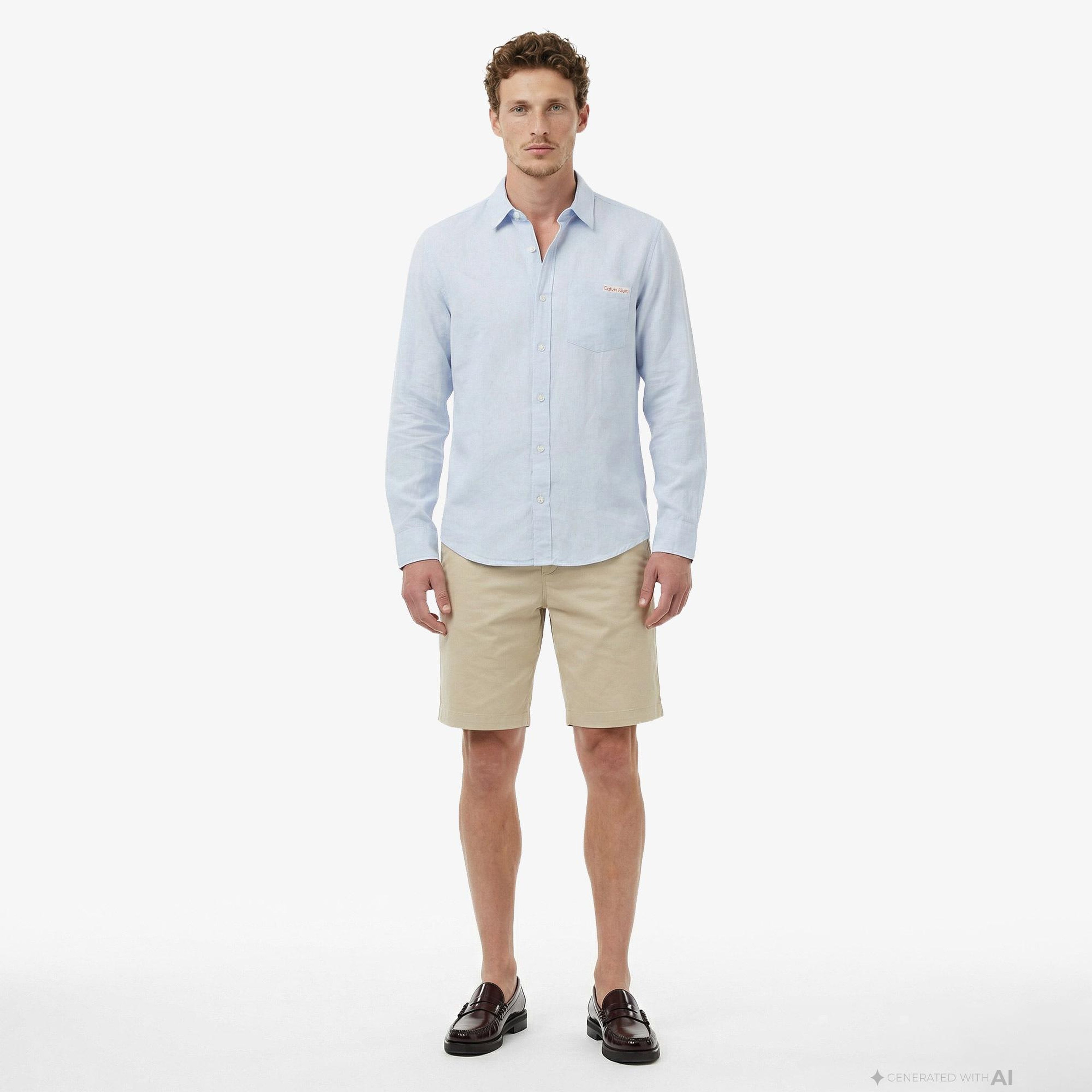 Calvin Klein Solid Casual Classic Erkek Mavi Keten Gömlek
