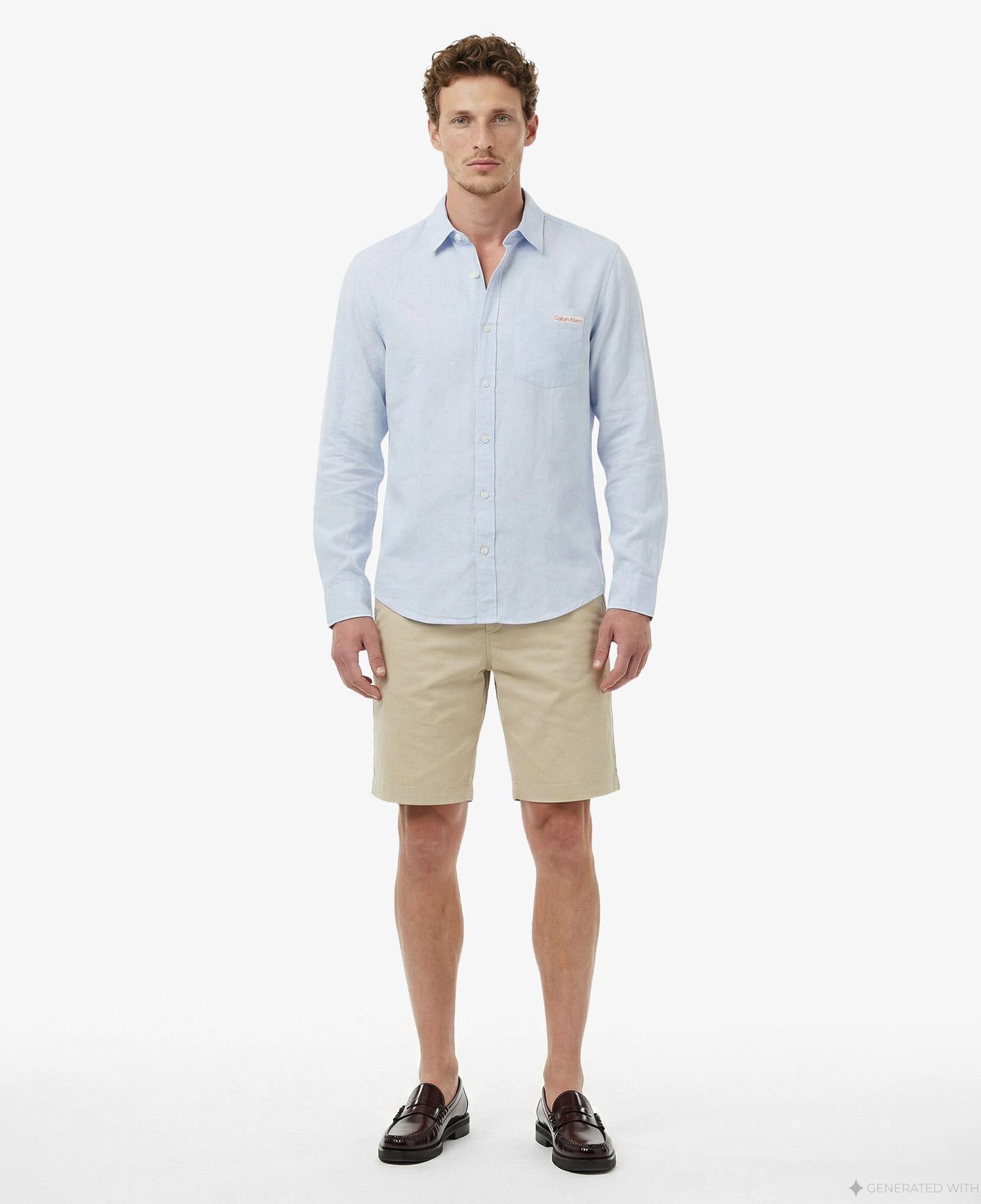 Calvin Klein Solid Casual Classic Erkek Mavi Keten Gömlek