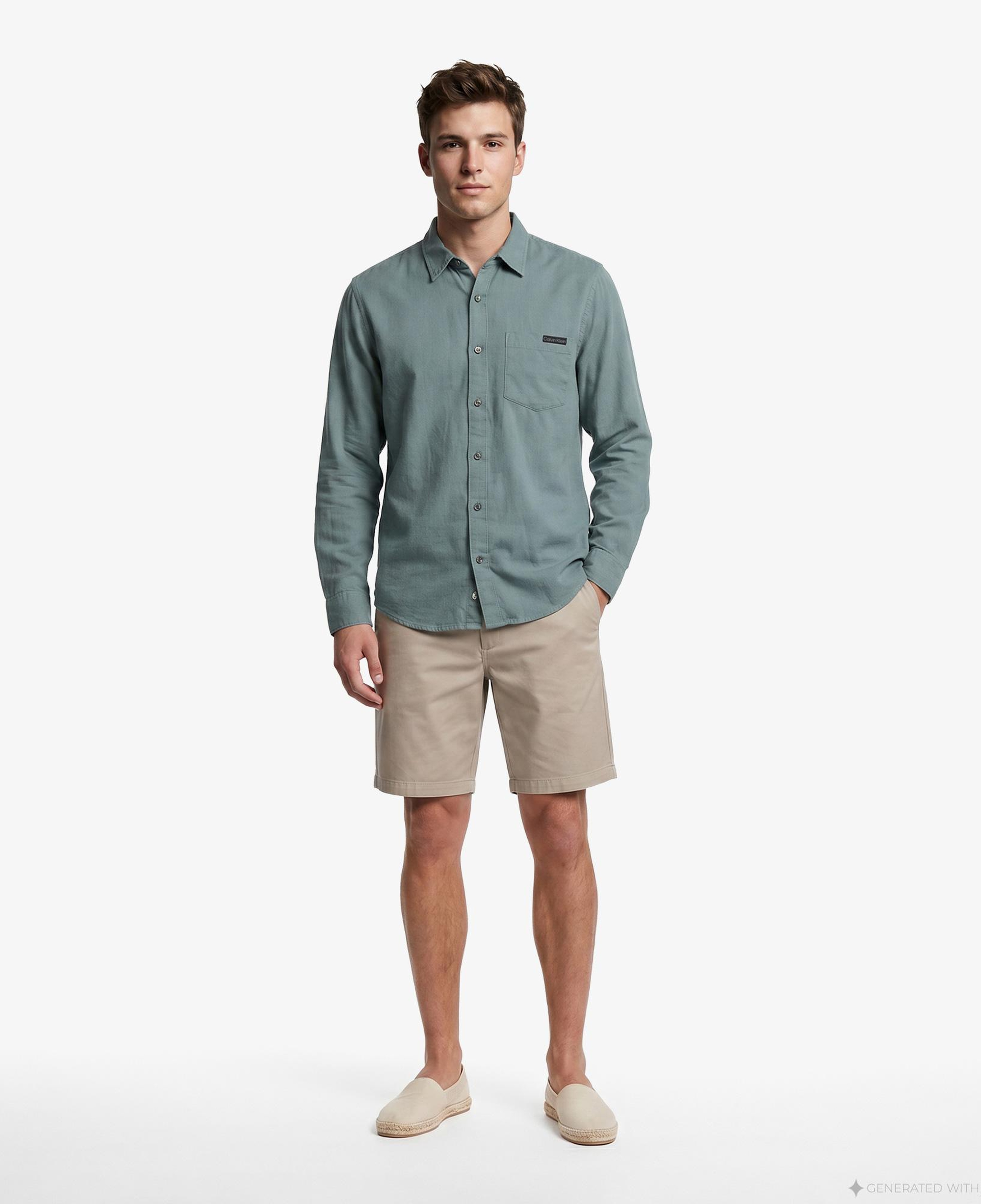 Calvin Klein Solid Casual Classic Erkek Yeşil Keten Gömlek