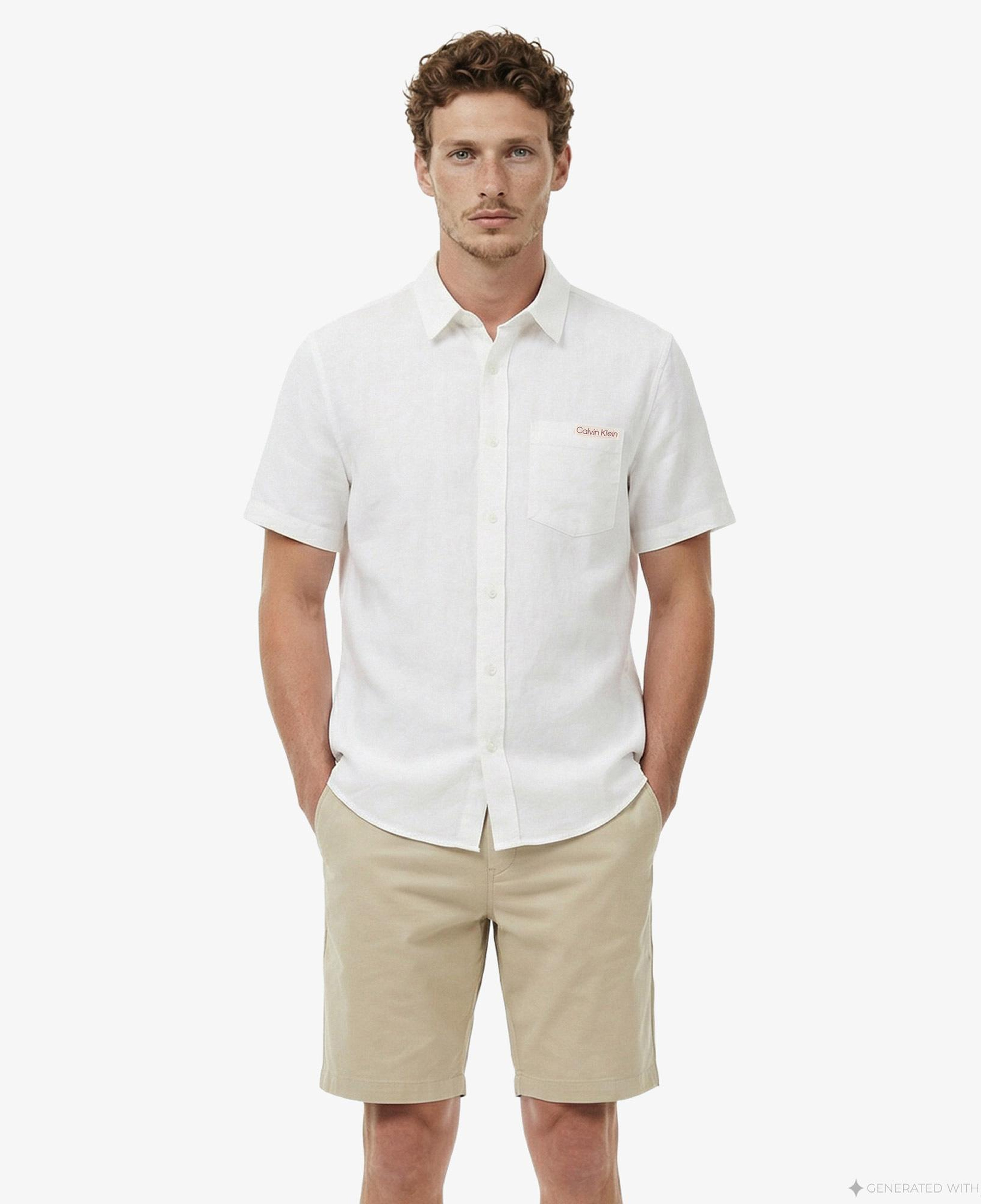 Calvin Klein Solid Causal Classic Erkek Beyaz Keten Gömlek