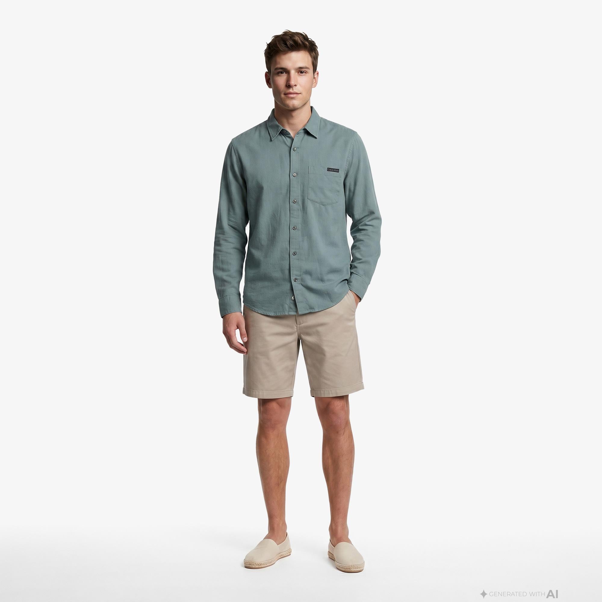 Calvin Klein Solid Casual Classic Erkek Yeşil Keten Gömlek