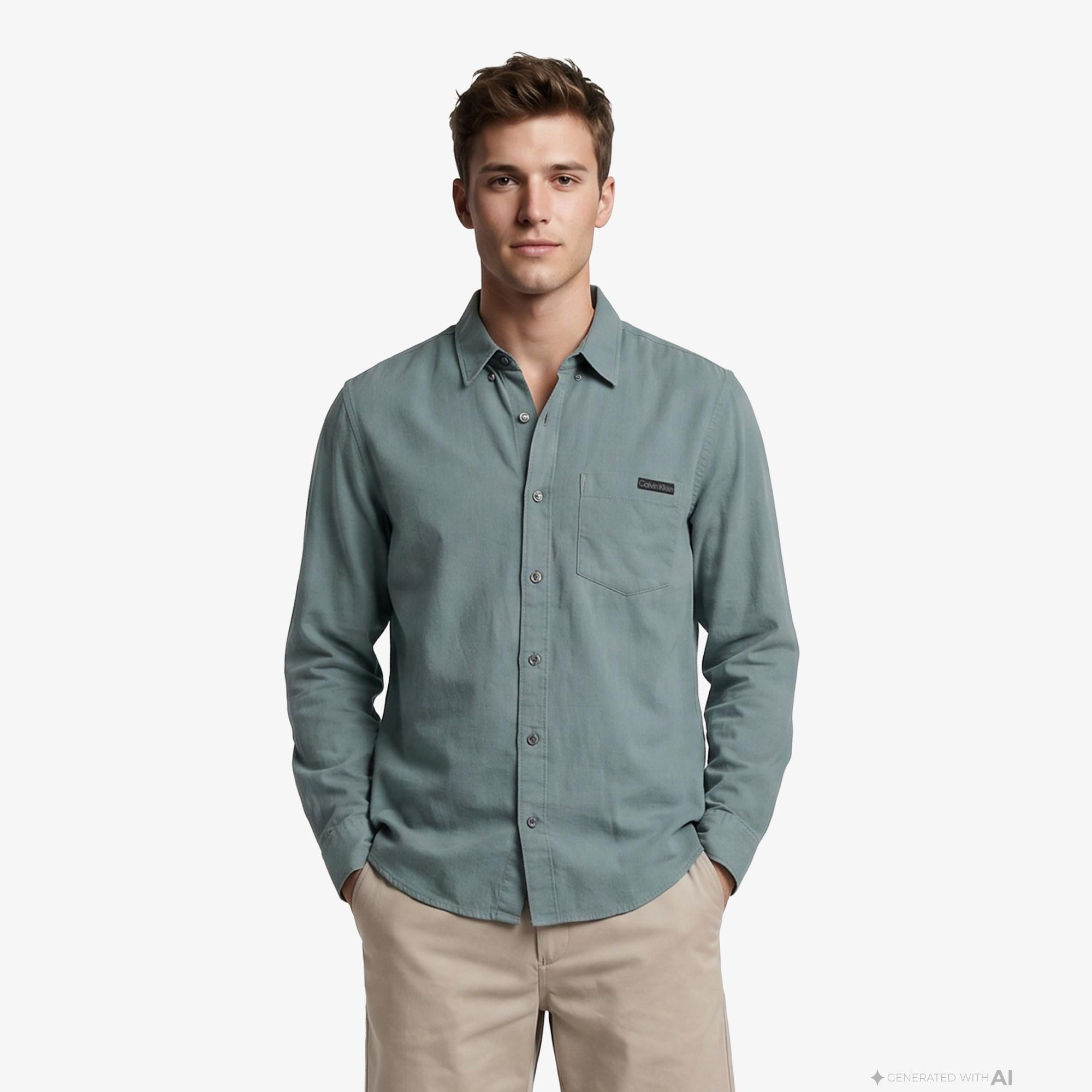 Calvin Klein Solid Casual Classic Erkek Yeşil Keten Gömlek
