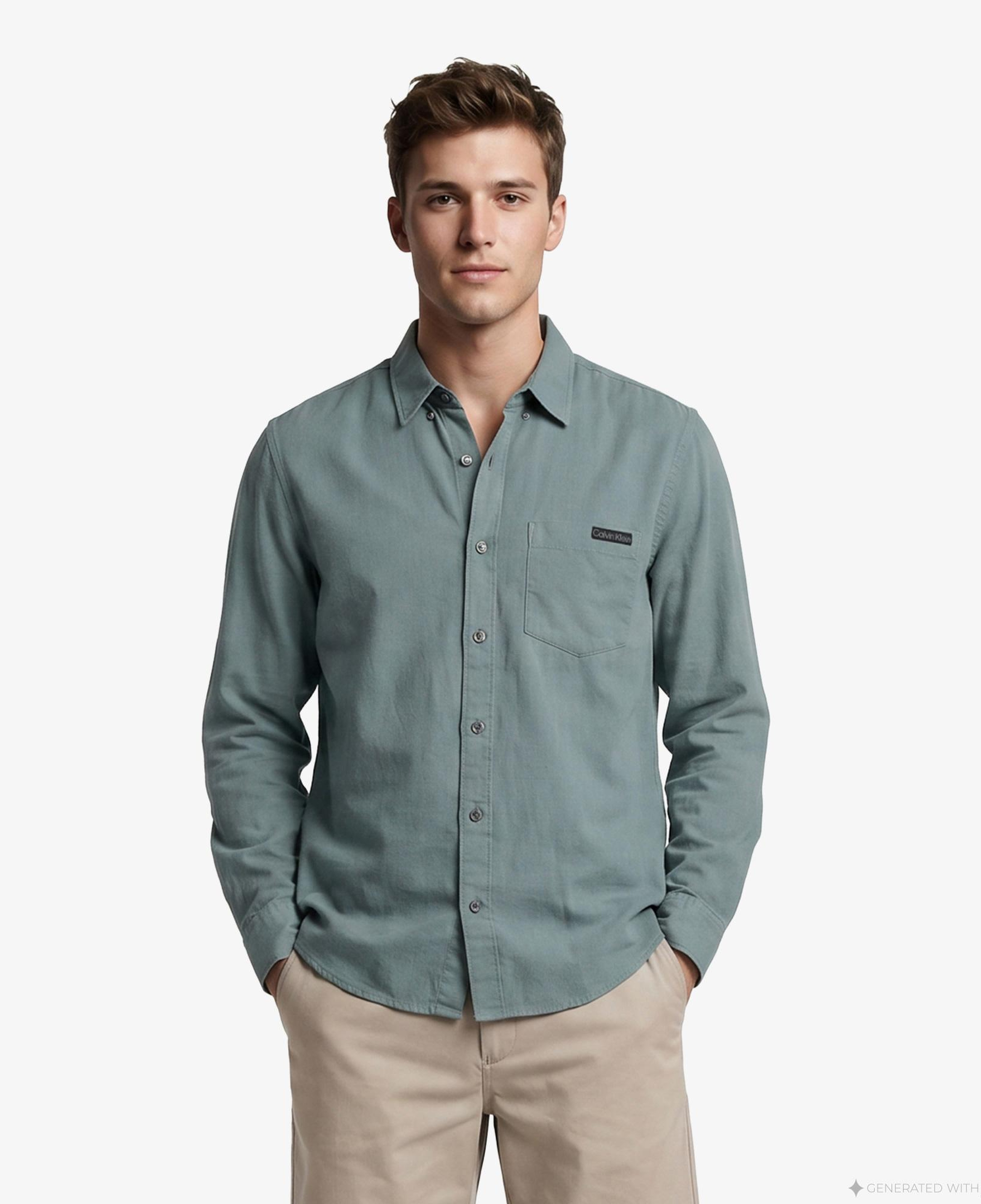 Calvin Klein Solid Casual Classic Erkek Yeşil Keten Gömlek