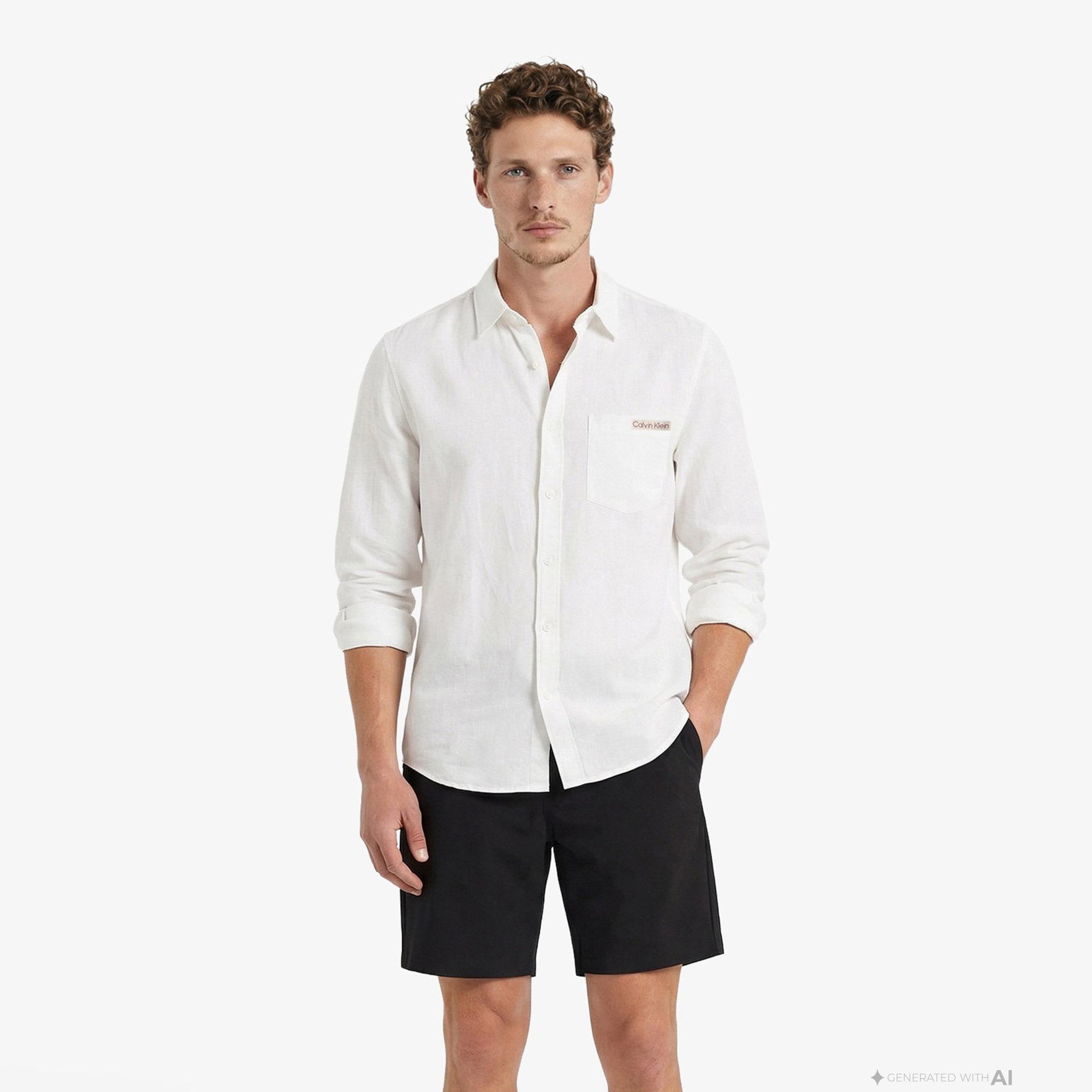 Calvin Klein Solid Casual Classic Erkek Beyaz Keten Gömlek