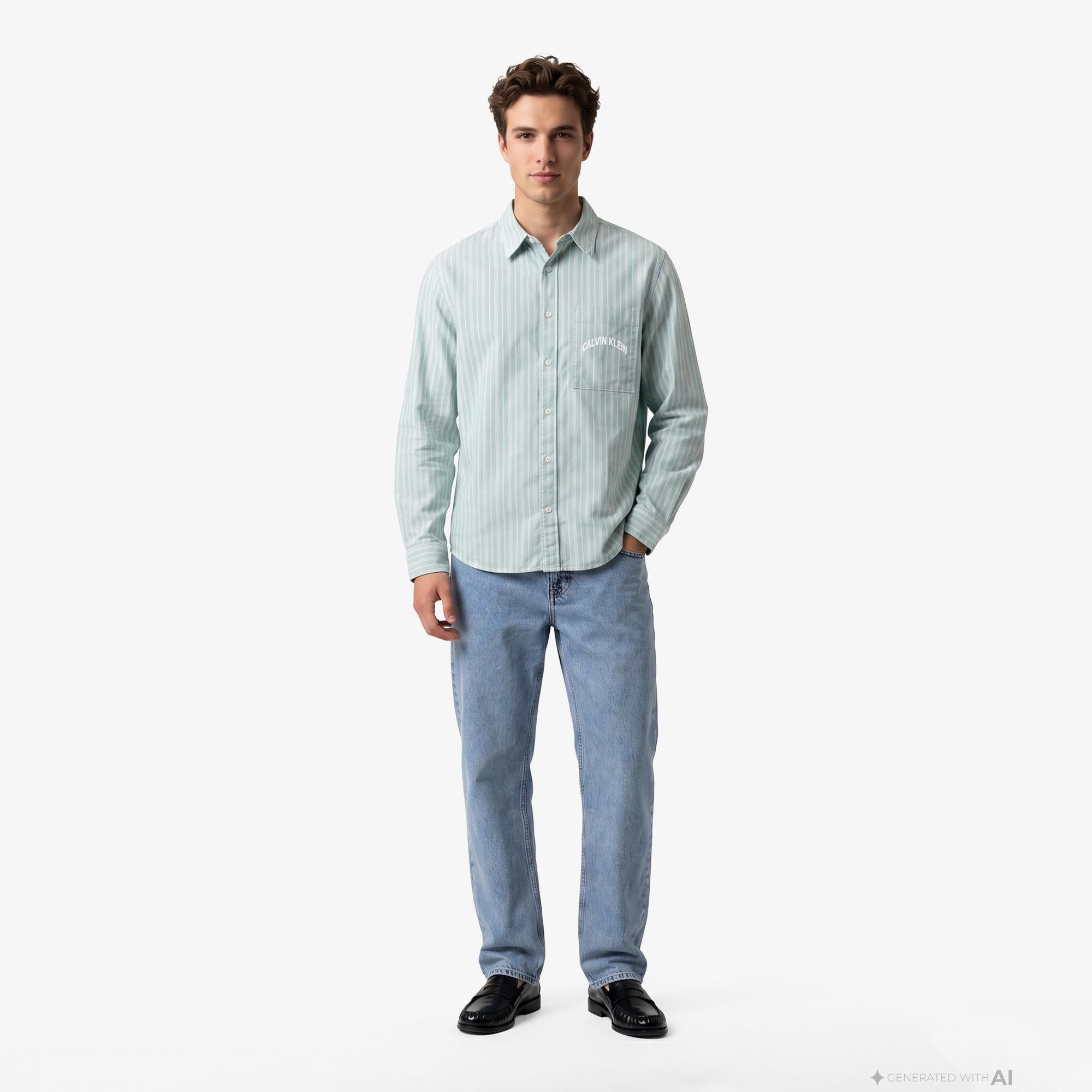 Calvin Klein Stripe Washed Oxford Easy Erkek Yeşil Gömlek