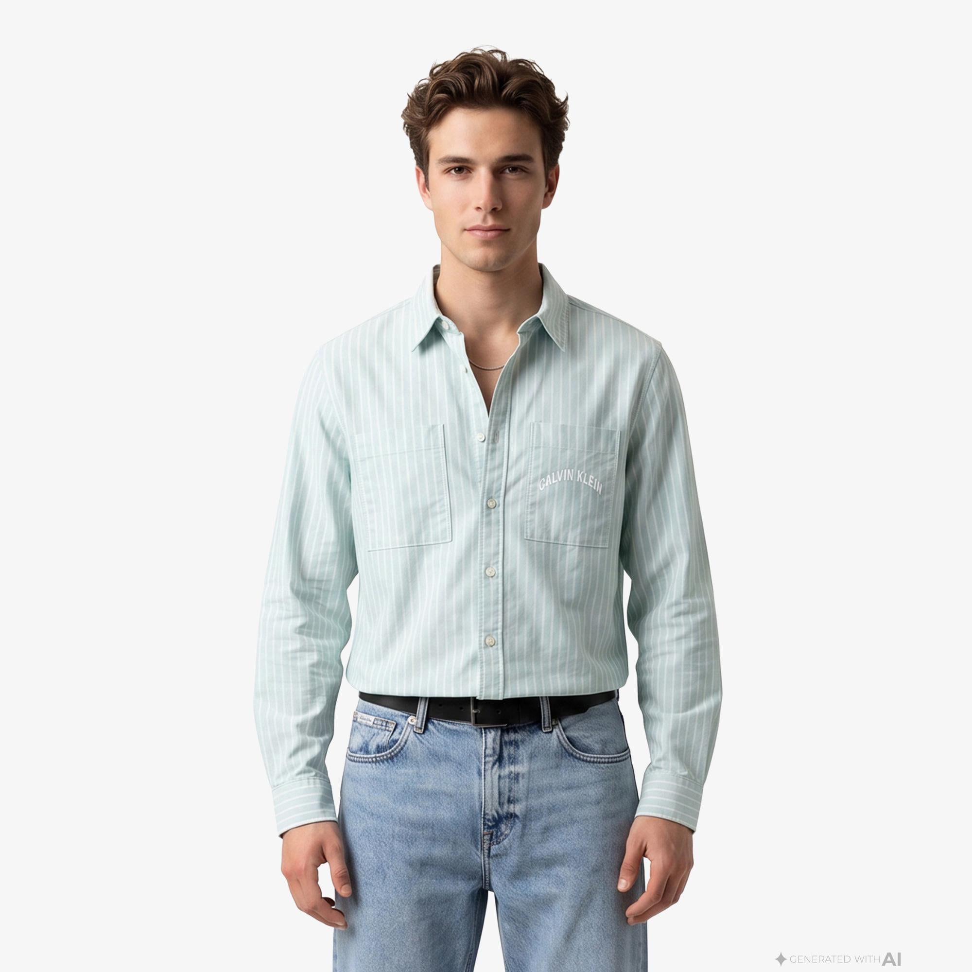Calvin Klein Stripe Washed Oxford Easy Erkek Yeşil Gömlek