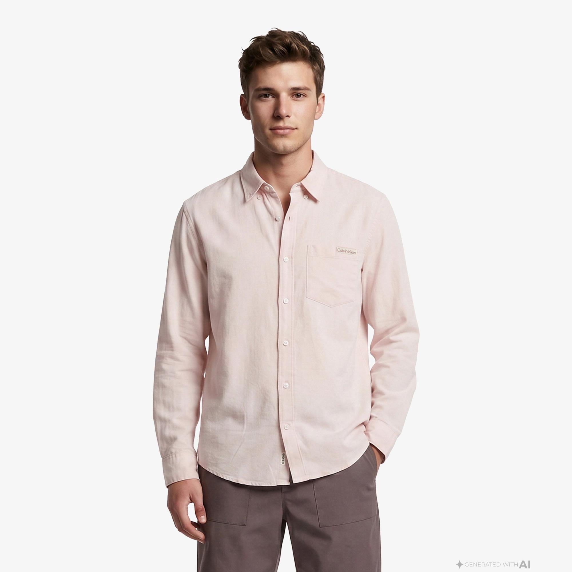 Calvin Klein Solid Casual Classic Erkek Turuncu Keten Gömlek