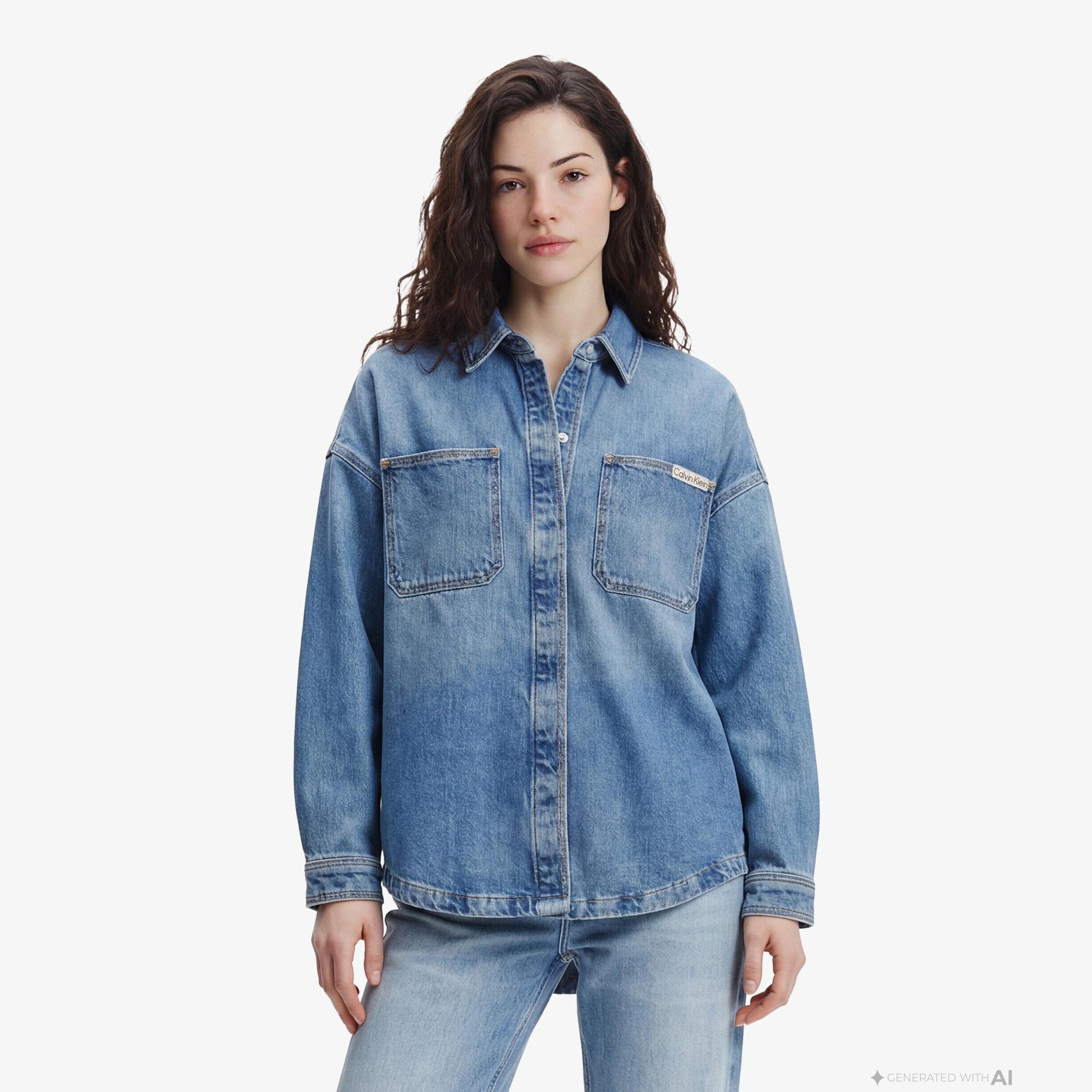 Calvin Klein Denim Boyfriend Overnight Kadın Mavi Gömlek