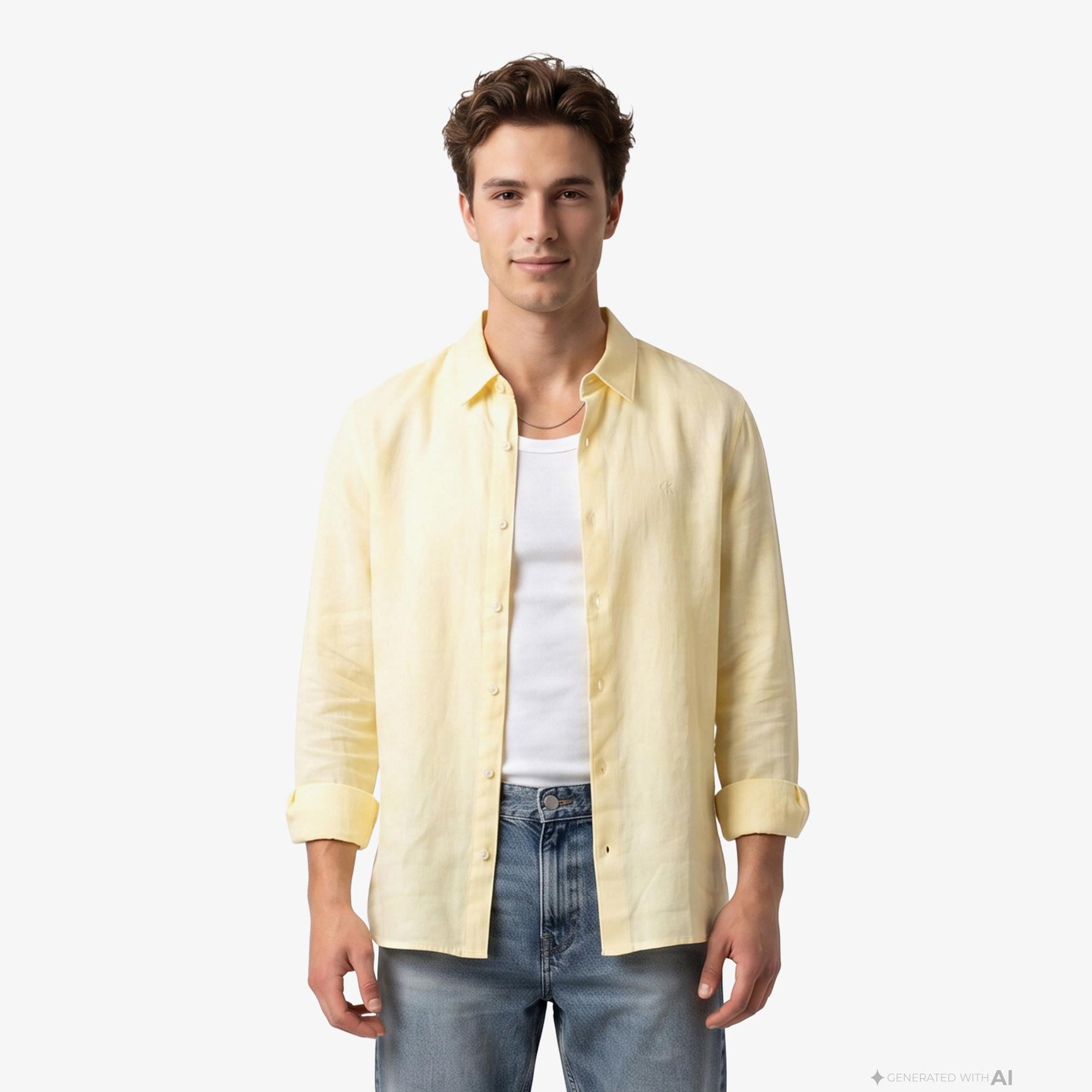 Calvin Klein Solid Classic Erkek Beyaz Keten Gömlek