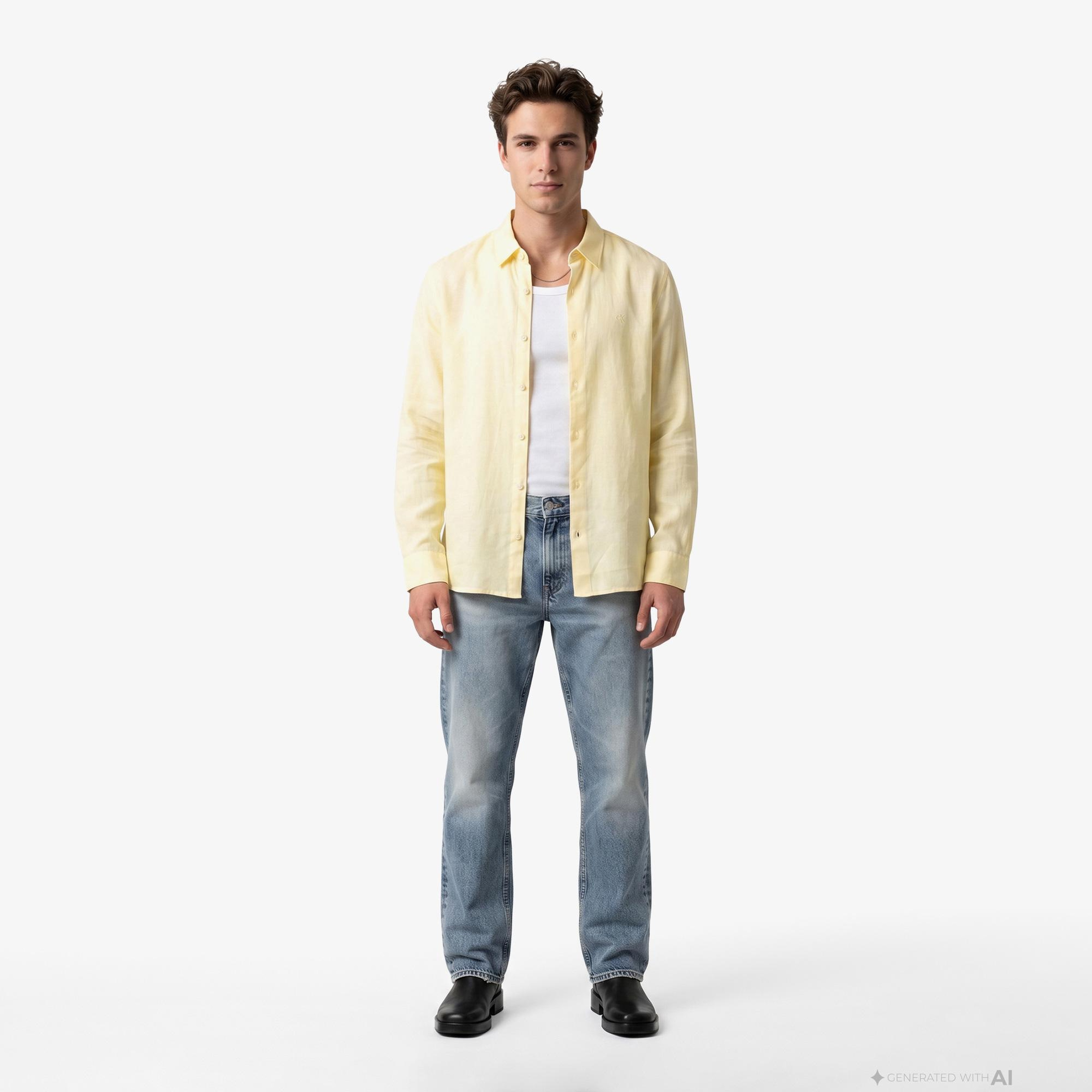 Calvin Klein Solid Classic Erkek Beyaz Keten Gömlek