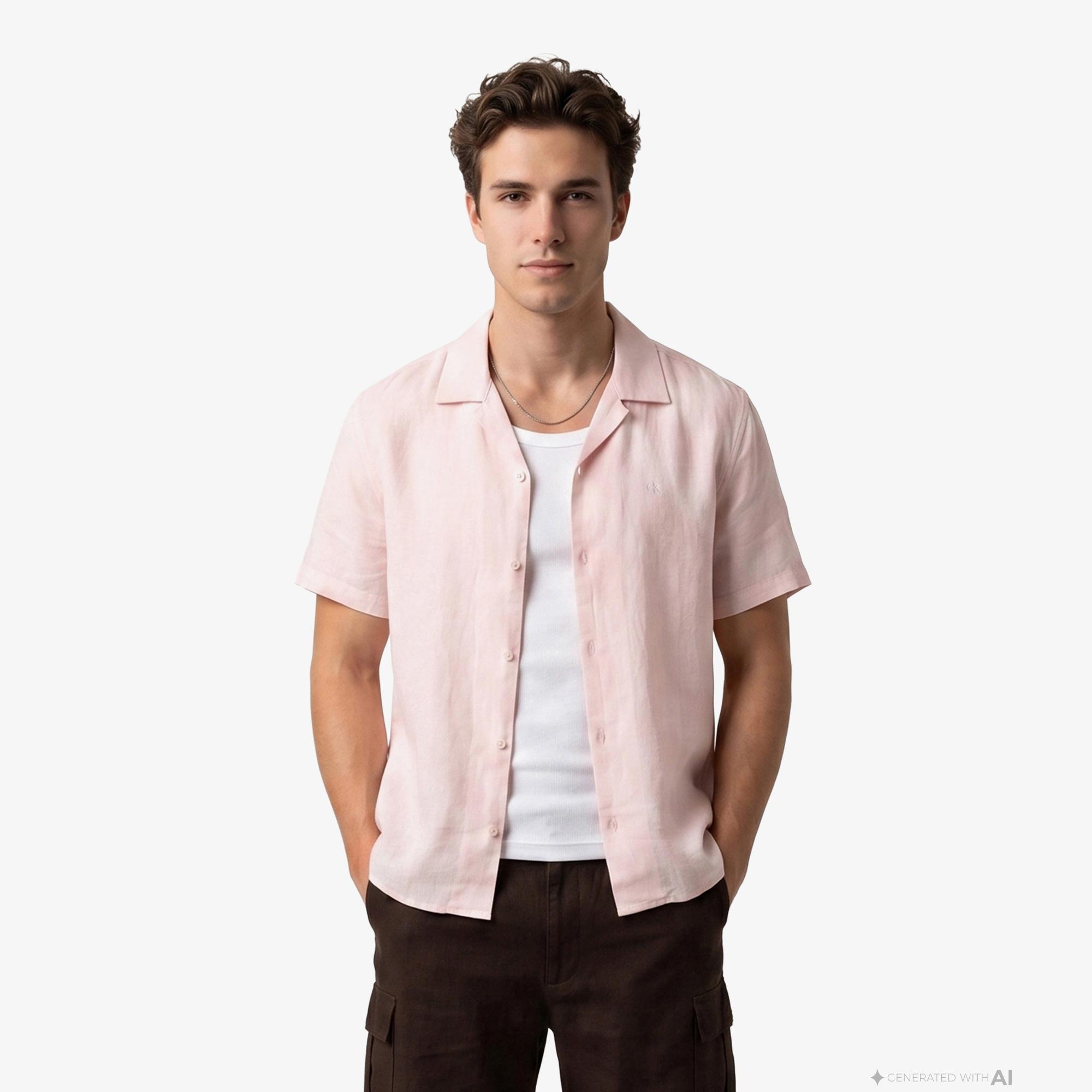 Calvin Klein Camp Collar Solid Class Erkek Turuncu Keten Gömlek