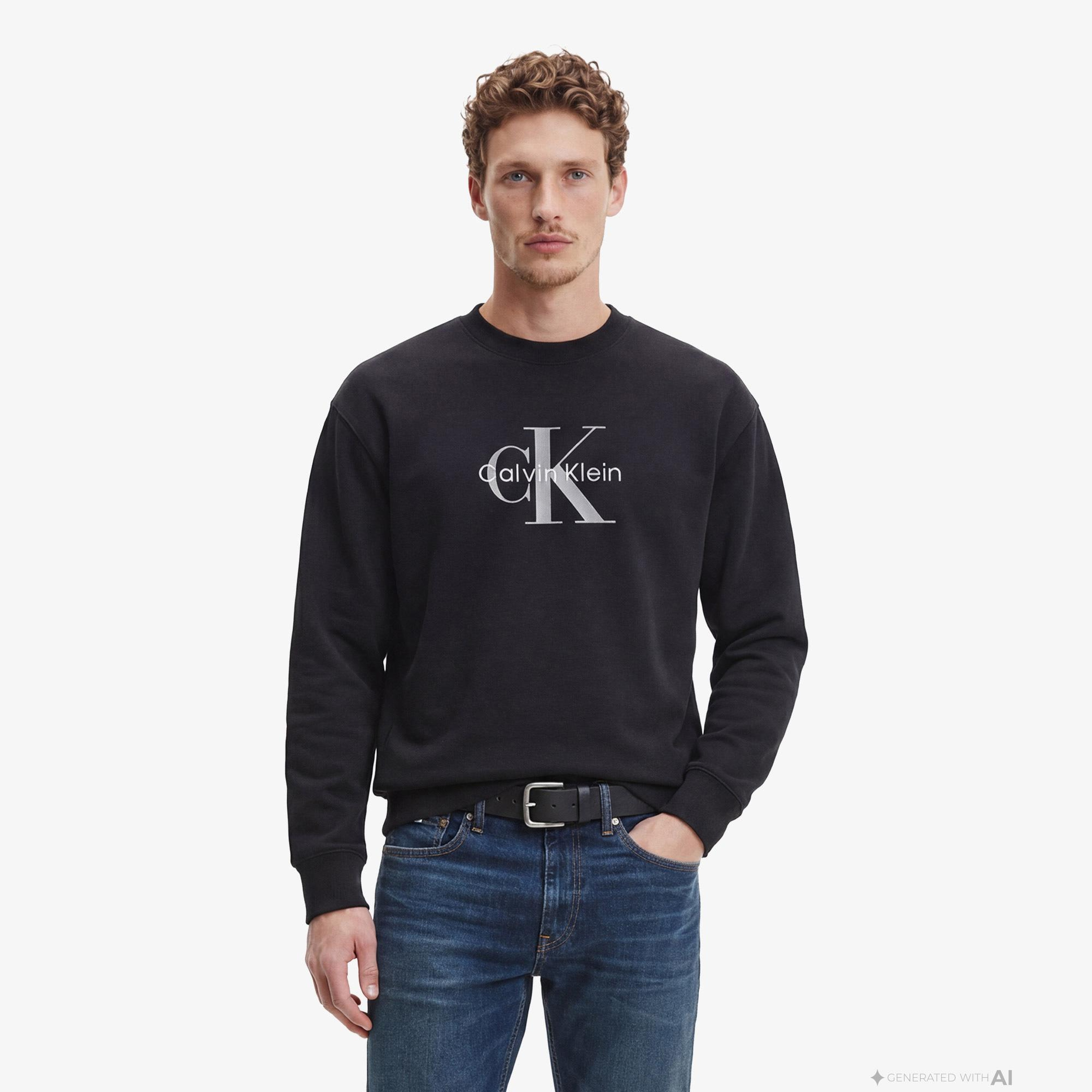 Calvin Klein Premium Terry Monologo Erkek Siyah Sweatshirt