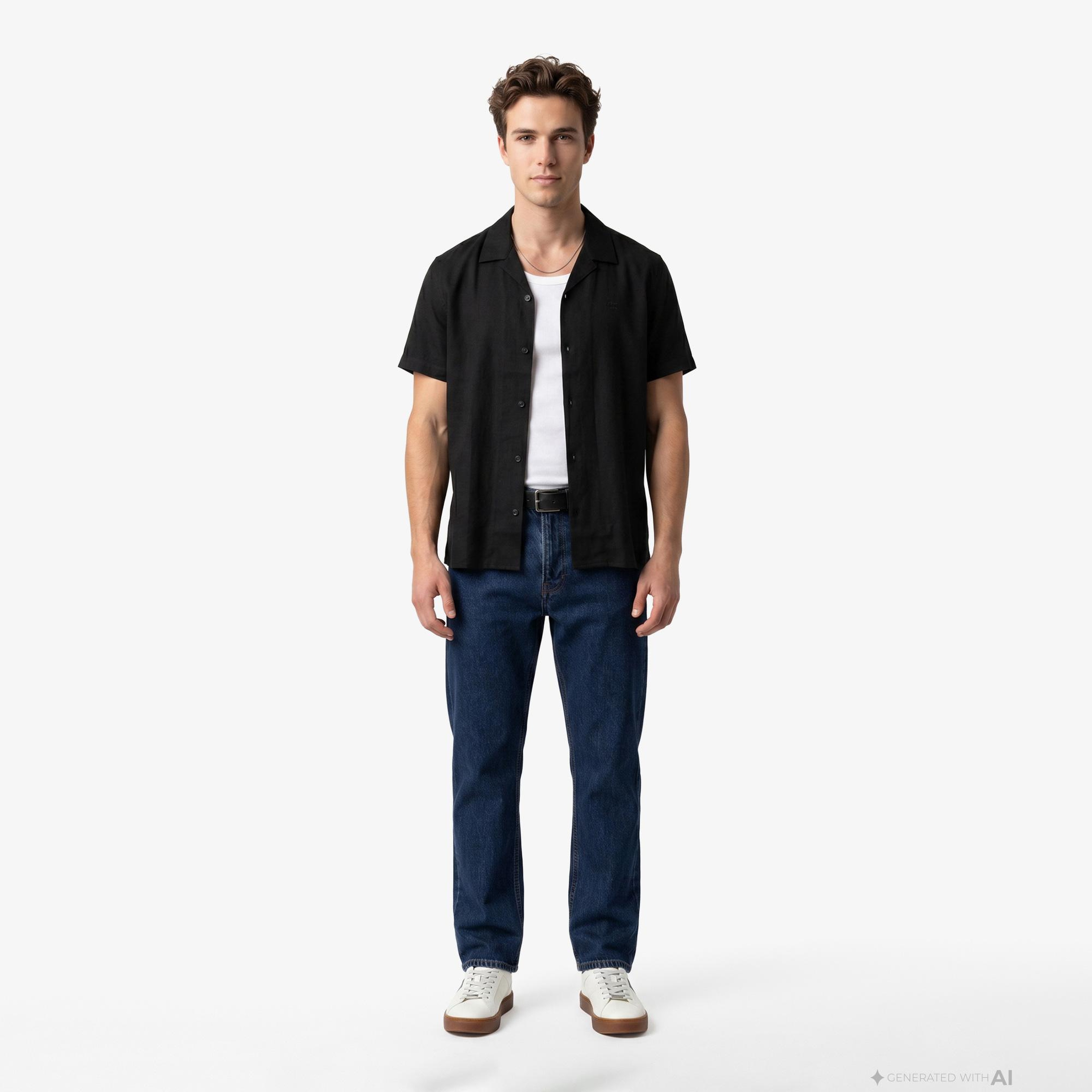 Calvin Klein Camp Collar Solid Class Erkek Siyah Keten Gömlek