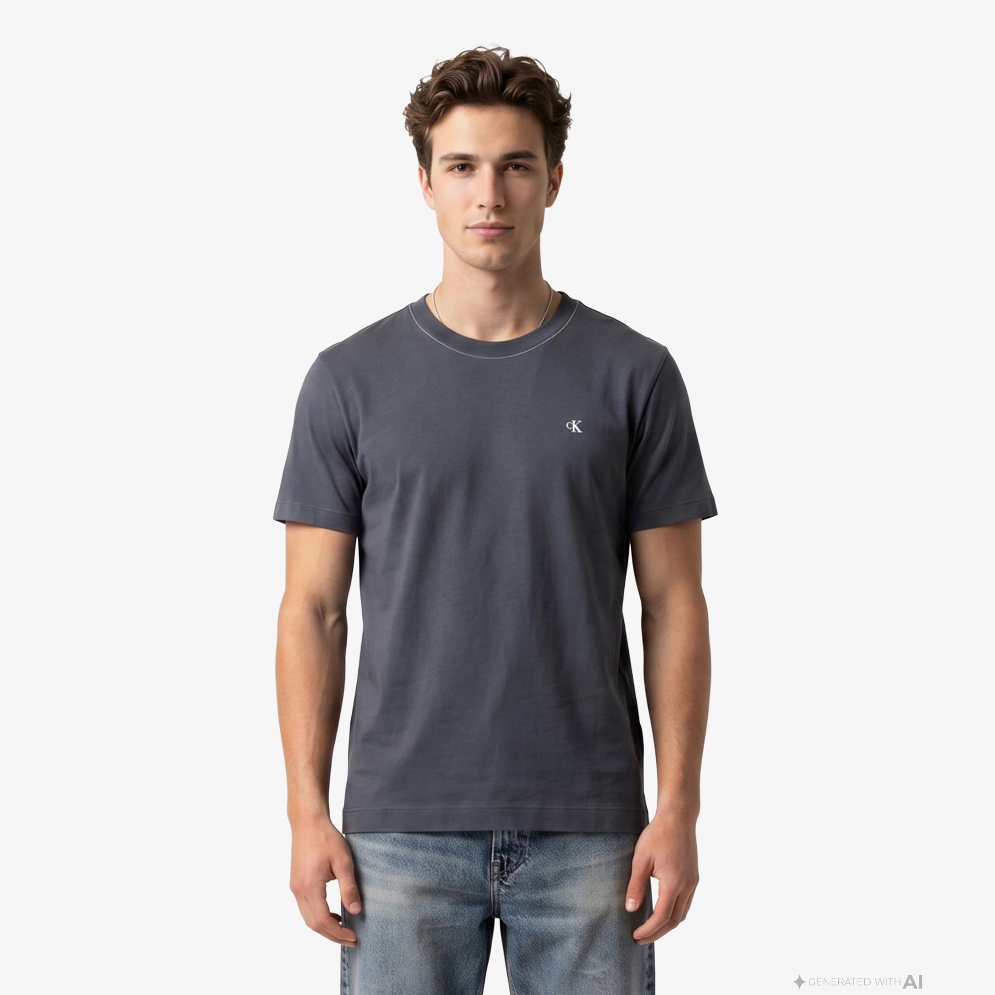 Calvin Klein Contrast Collar Stitch Crewnk Erkek Gri T-Shirt
