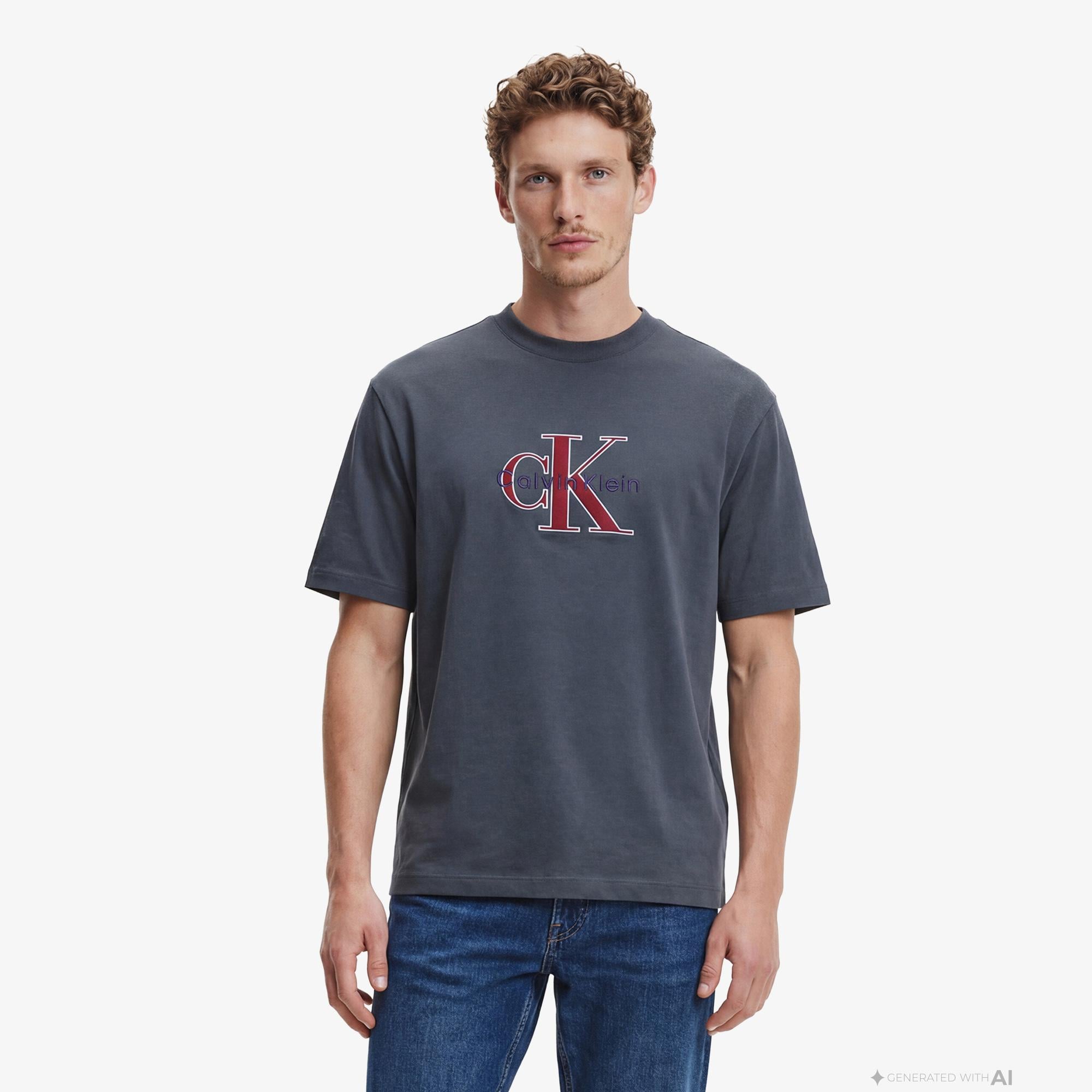 Calvin Klein Tricolor Monologo Graphic Erkek Mavi T-Shirt