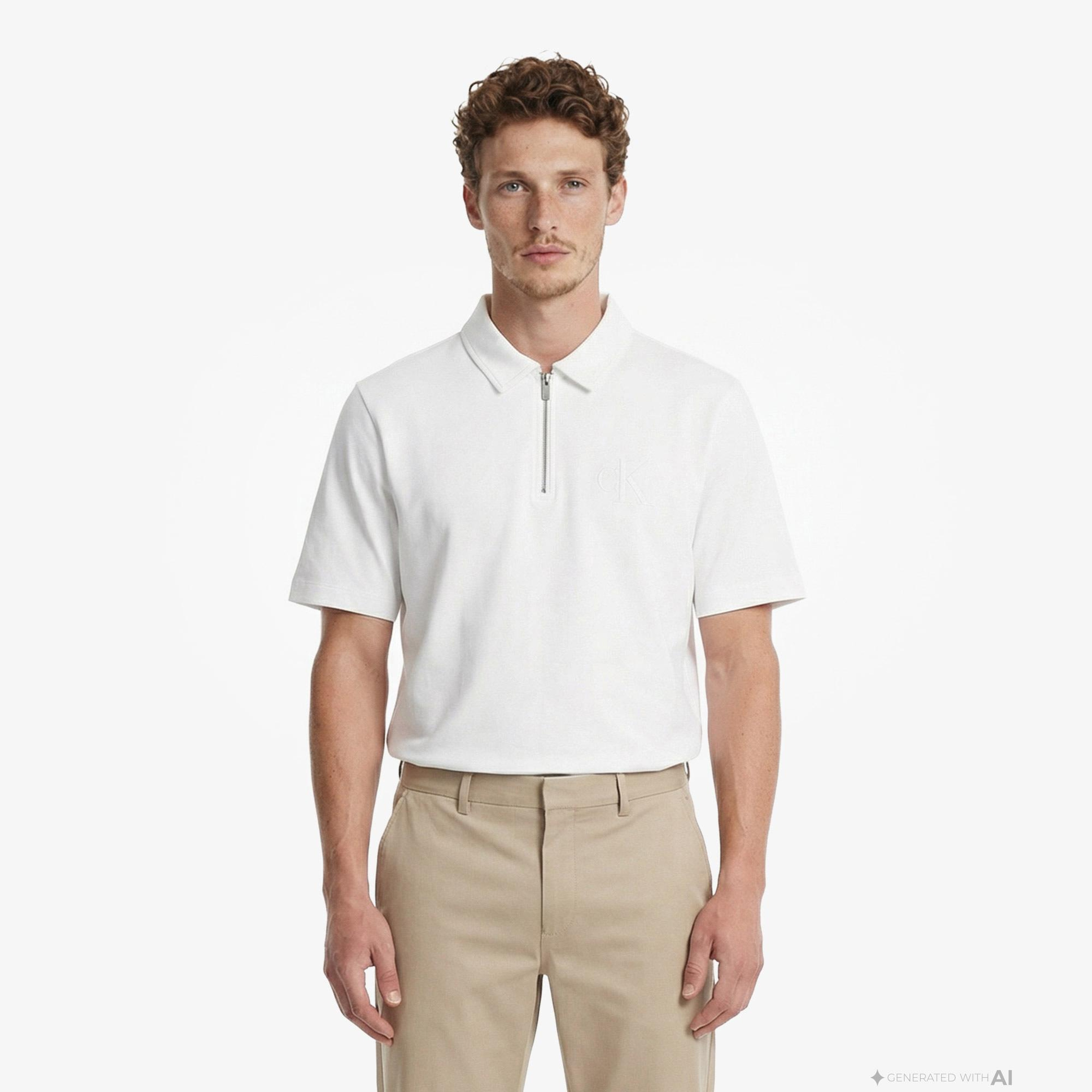 Calvin Klein Cooling Pique Embossed Erkek Beyaz Polo