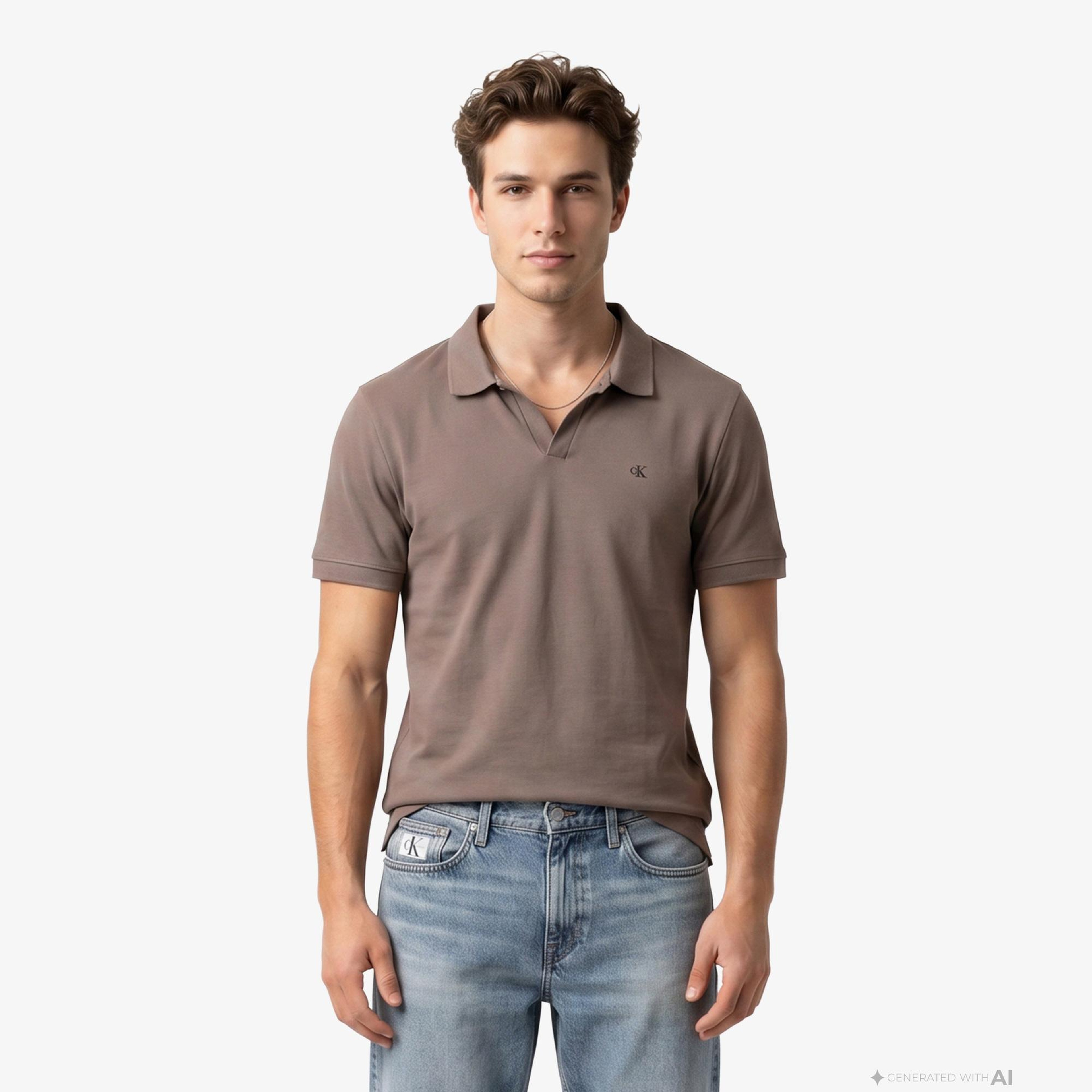 Calvin Klein Open Collar Casual Pique Erkek Kahverengi Polo