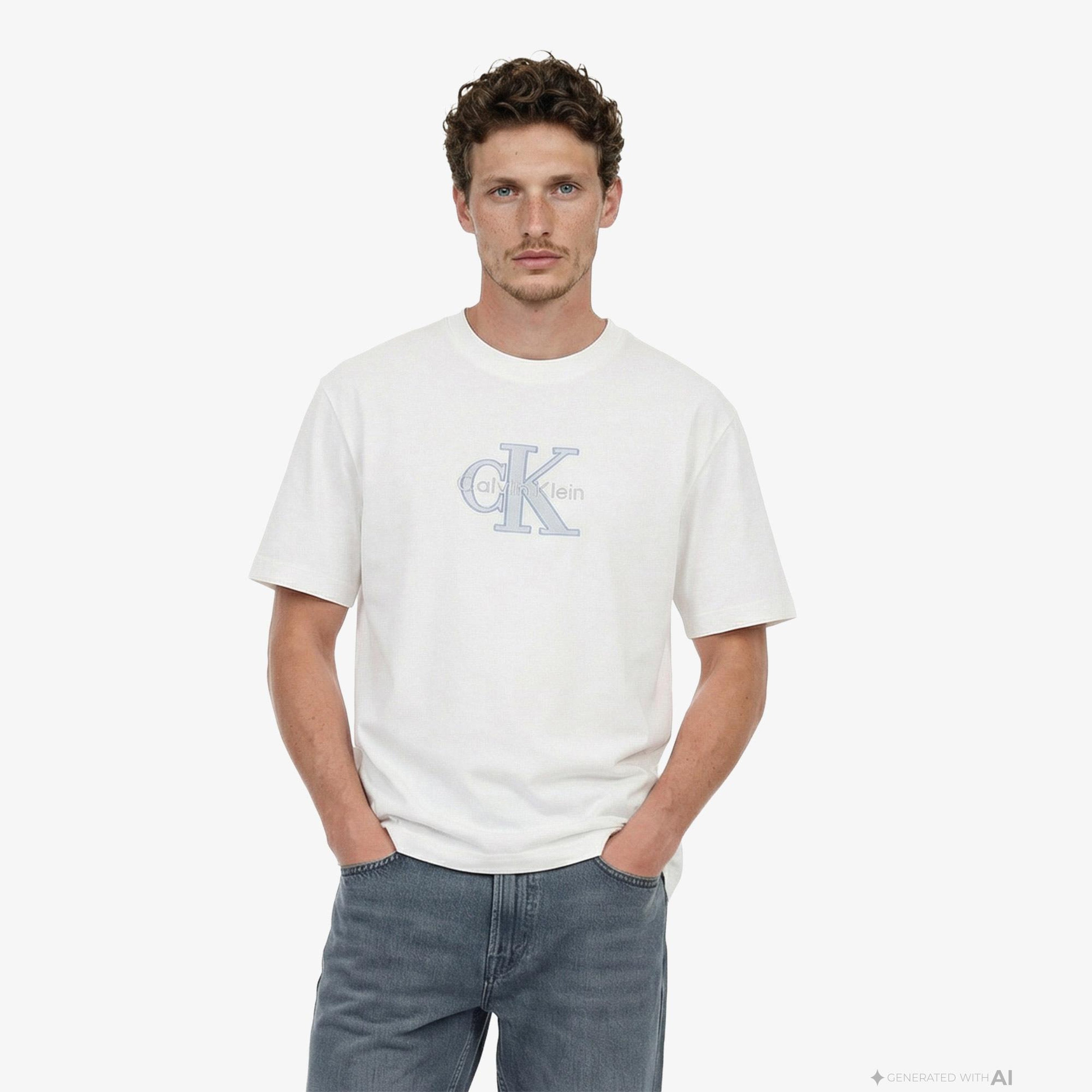 Calvin Klein 16S Elevated Monologo Erkek Beyaz T-Shirt