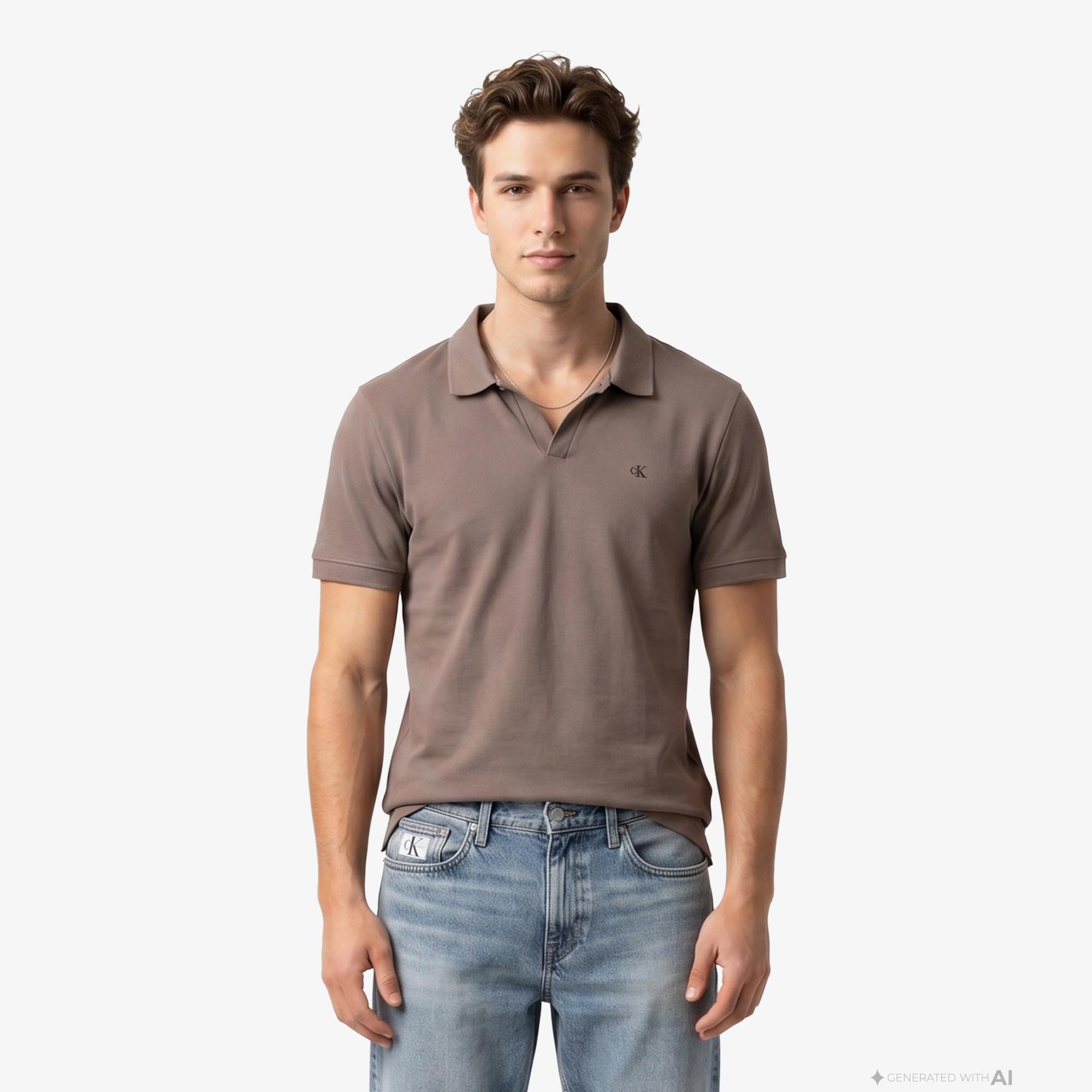 Calvin Klein Open Collar Casual Pique Erkek Kahverengi Polo