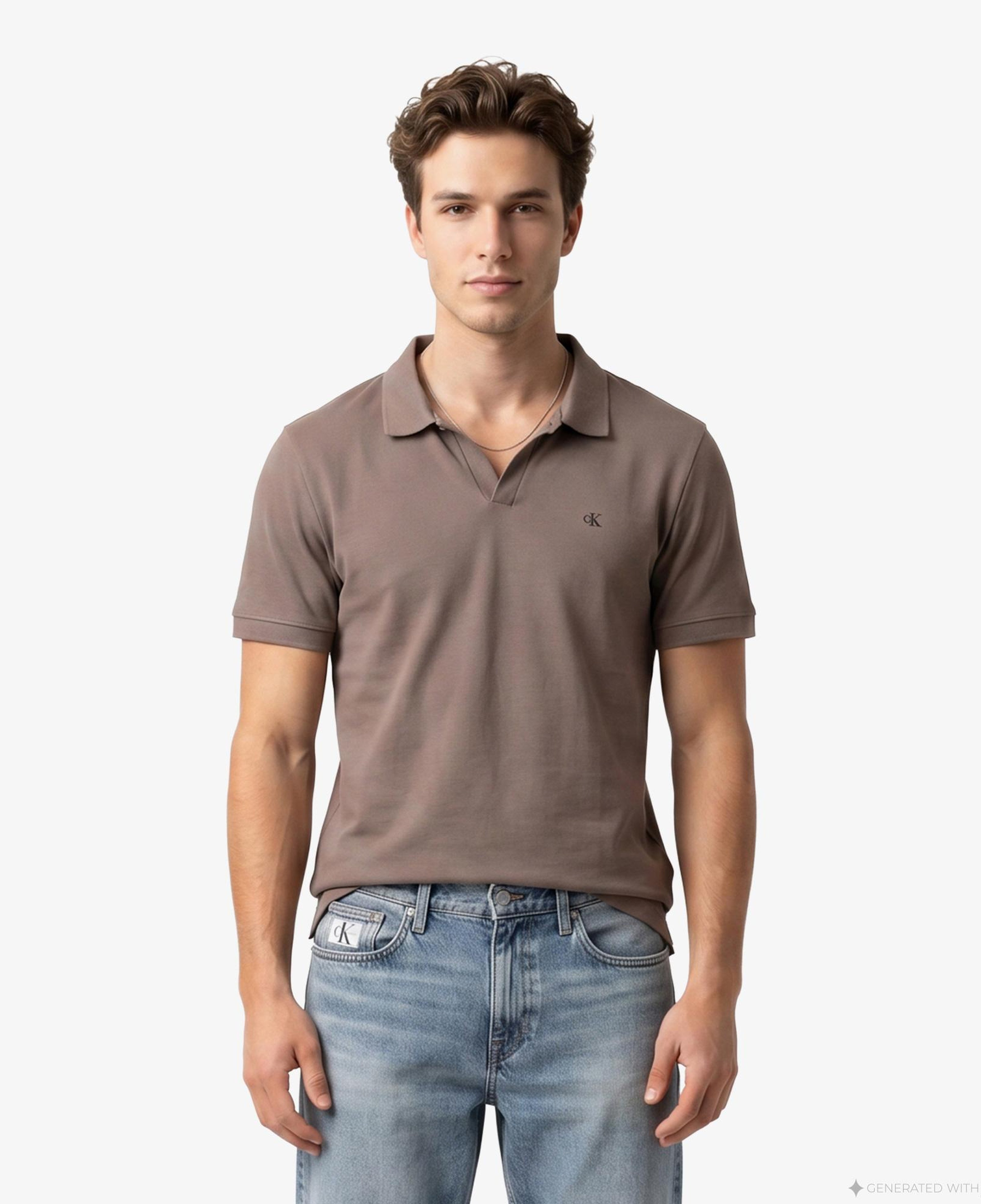 Calvin Klein Open Collar Casual Pique Erkek Kahverengi Polo