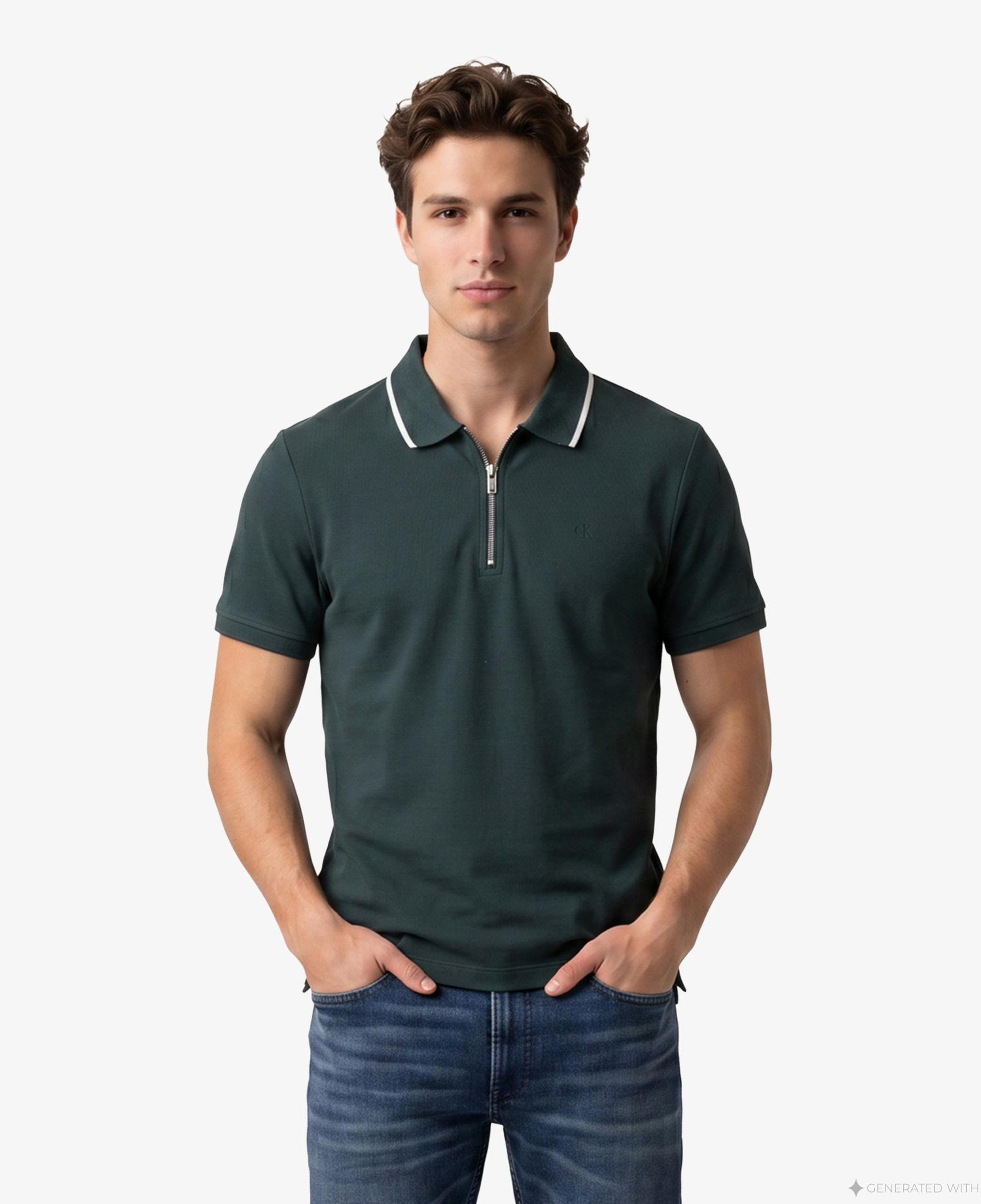 Calvin Klein Tipped Zip Pique Erkek Yeşil Polo