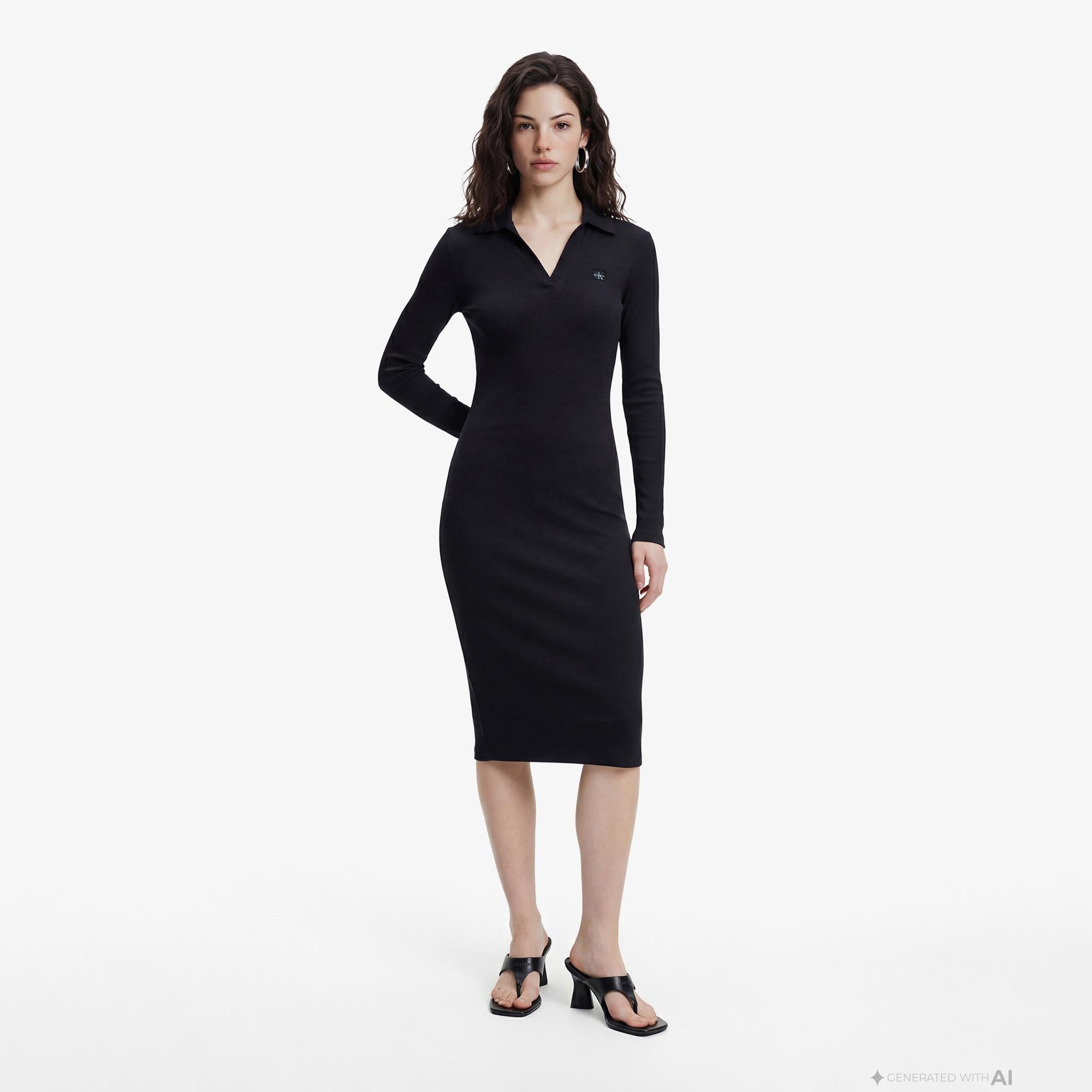 Calvin Klein Woven Label Johnny Collar Kadın Siyah Elbise