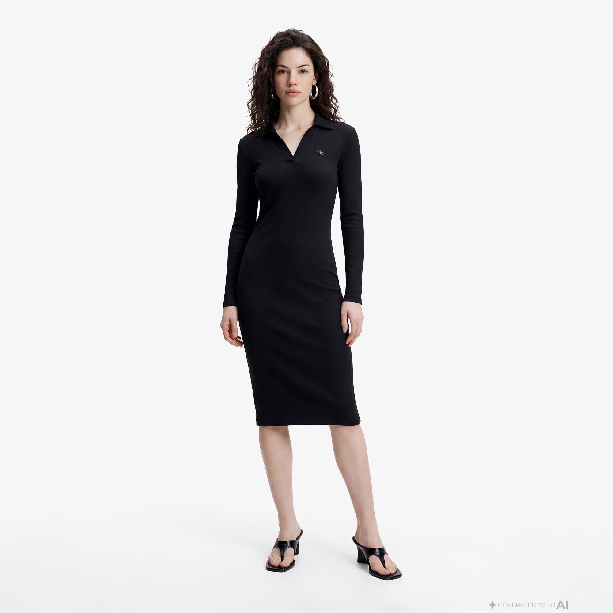 Calvin Klein Woven Label Johnny Collar Kadın Siyah Elbise