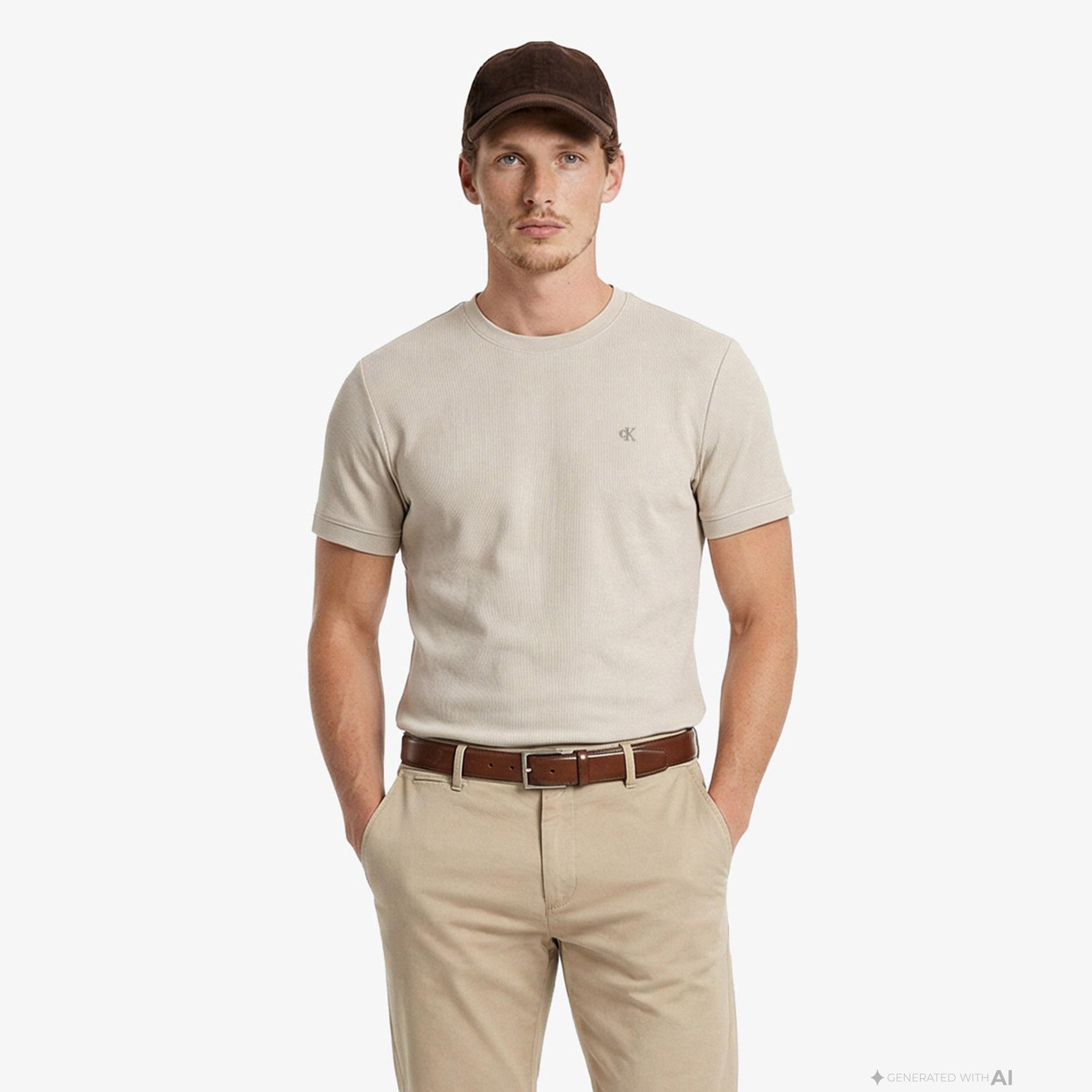 Calvin Klein Slim Micro Waffle Crewnk  Erkek Bej T-Shirt