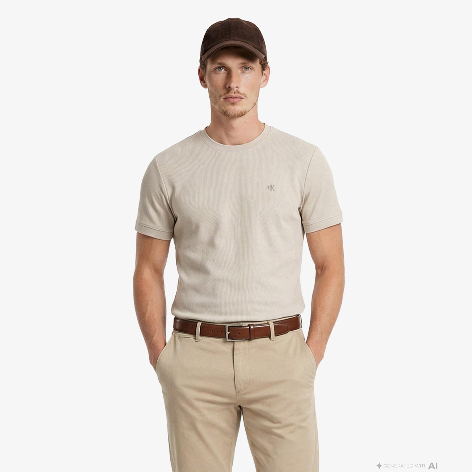 Calvin Klein Slim Micro Waffle Crewnk  Erkek Bej T-Shirt