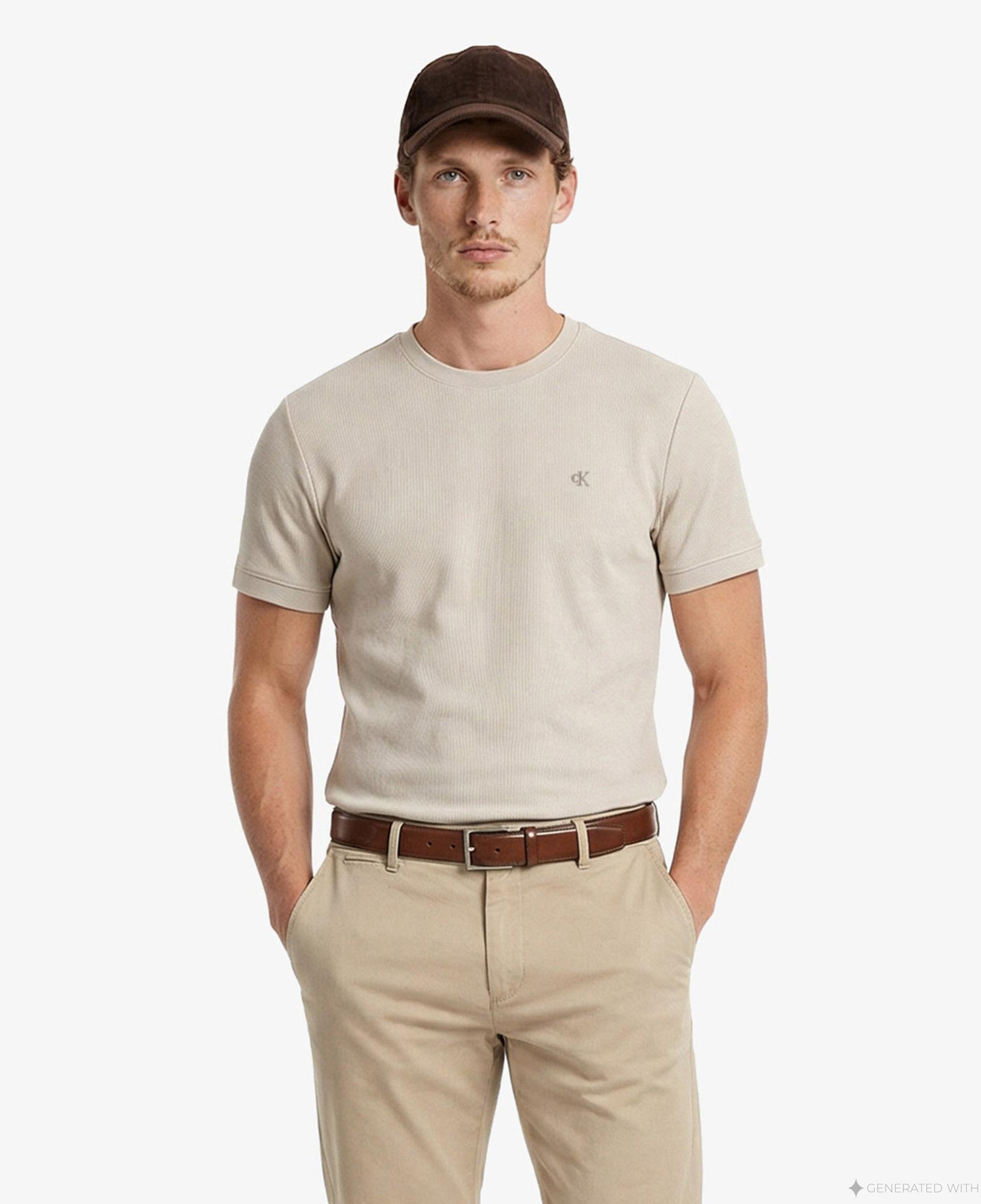 Calvin Klein Slim Micro Waffle Crewnk Erkek Bej T-Shirt