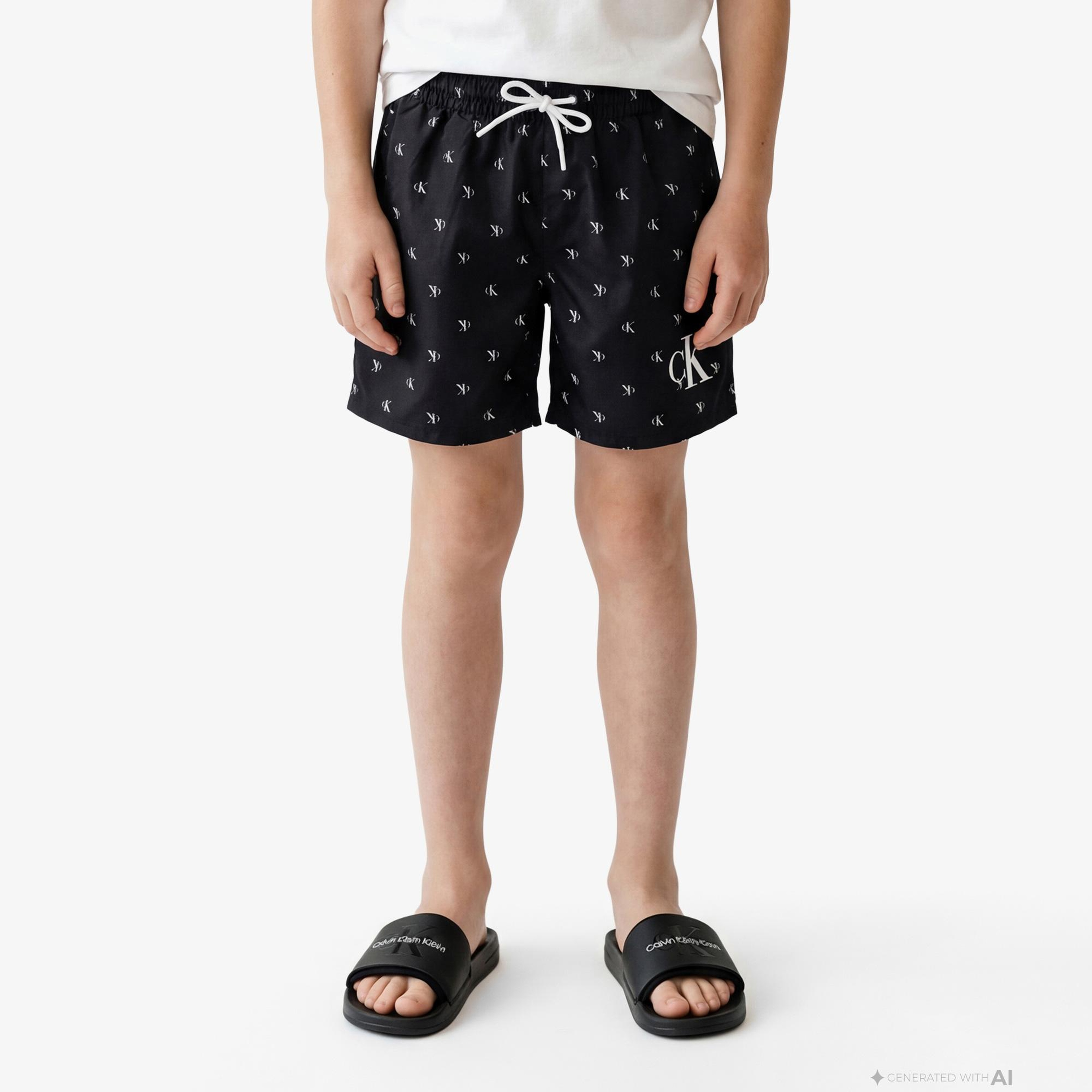 Calvin Klein Medium Drawstring-Print Çocuk Siyah Deniz Şortu