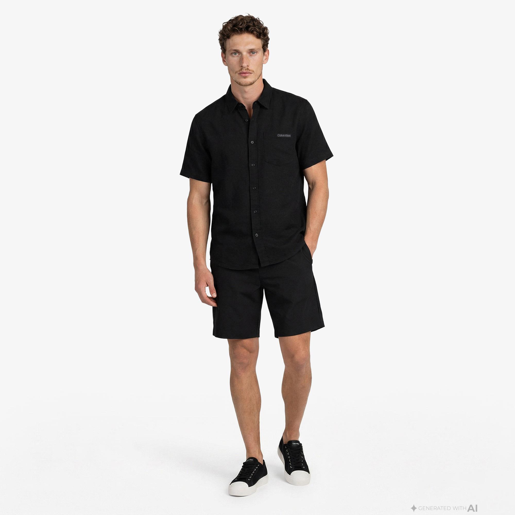 Calvin Klein Solid Causal Classic Erkek Siyah Keten Gömlek
