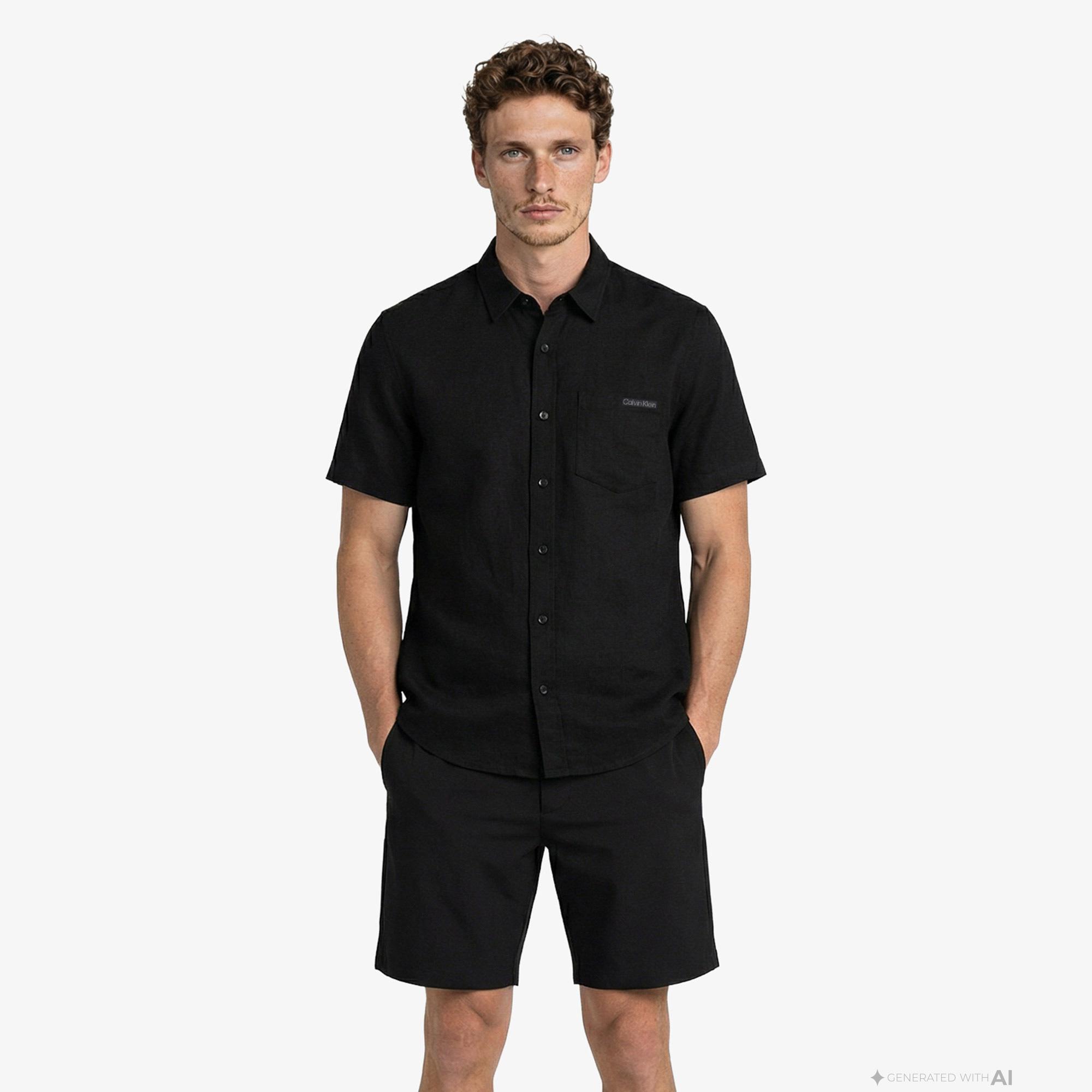 Calvin Klein Solid Causal Classic Erkek Siyah Keten Gömlek