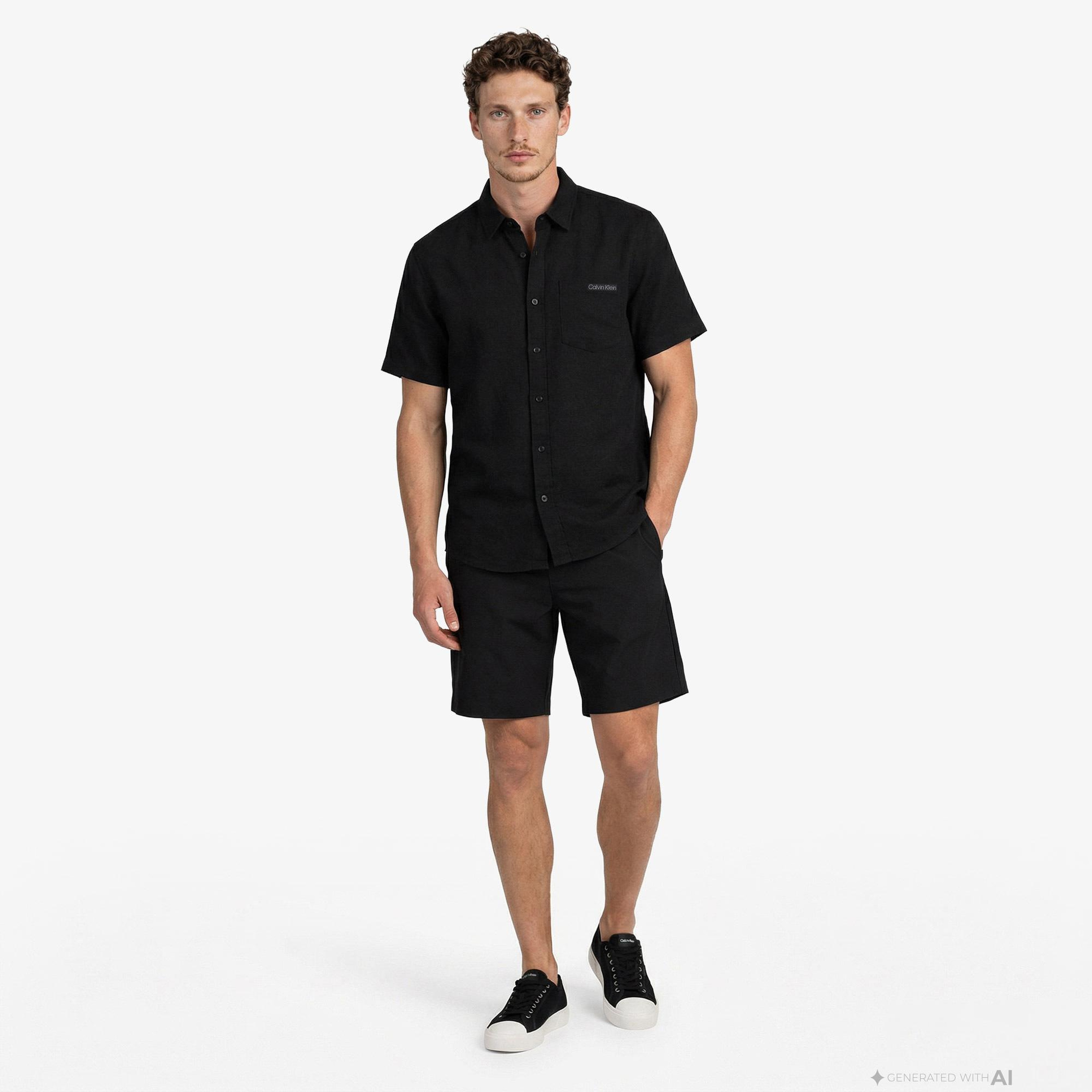Calvin Klein Solid Causal Classic Erkek Siyah Keten Gömlek