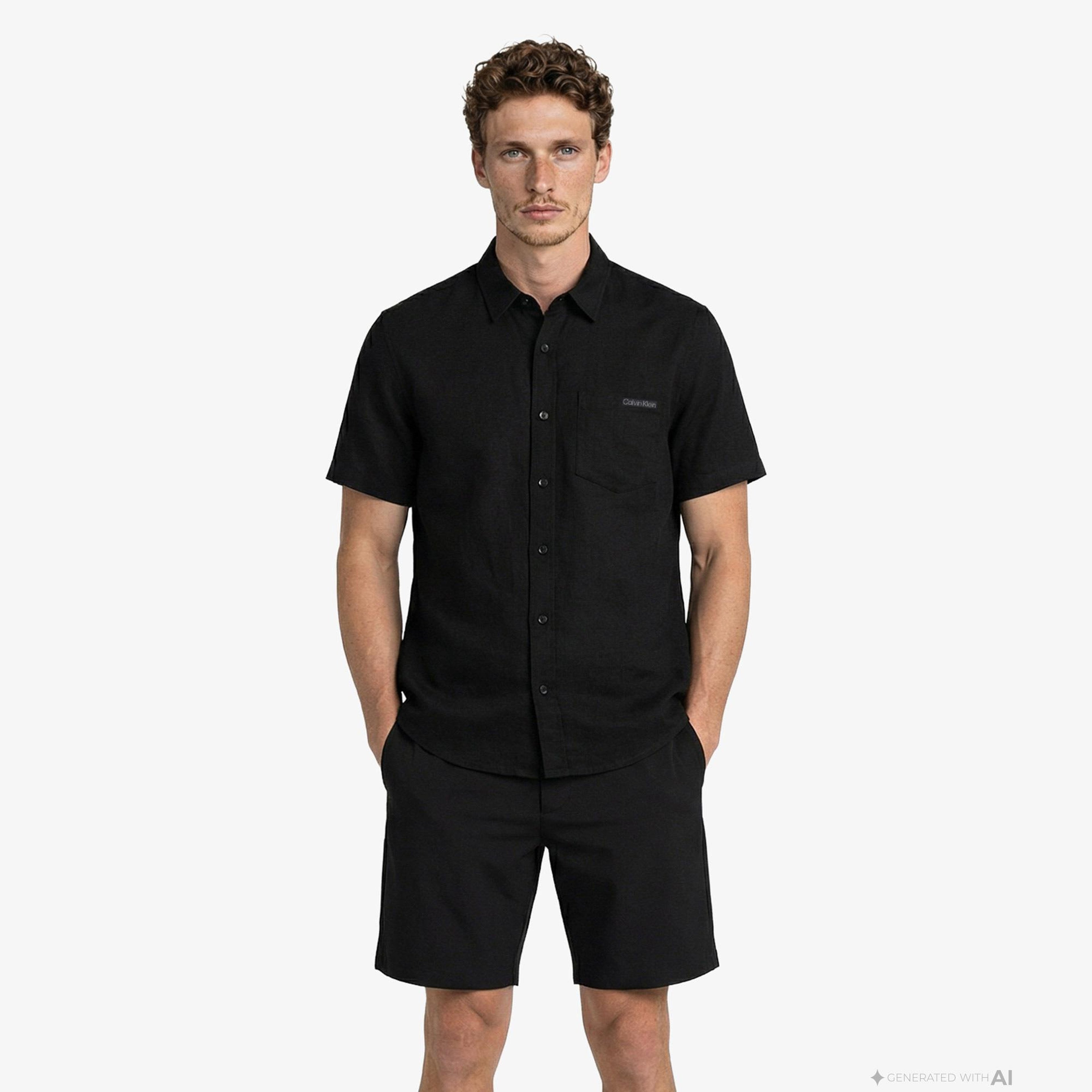 Calvin Klein Solid Causal Classic Erkek Siyah Keten Gömlek