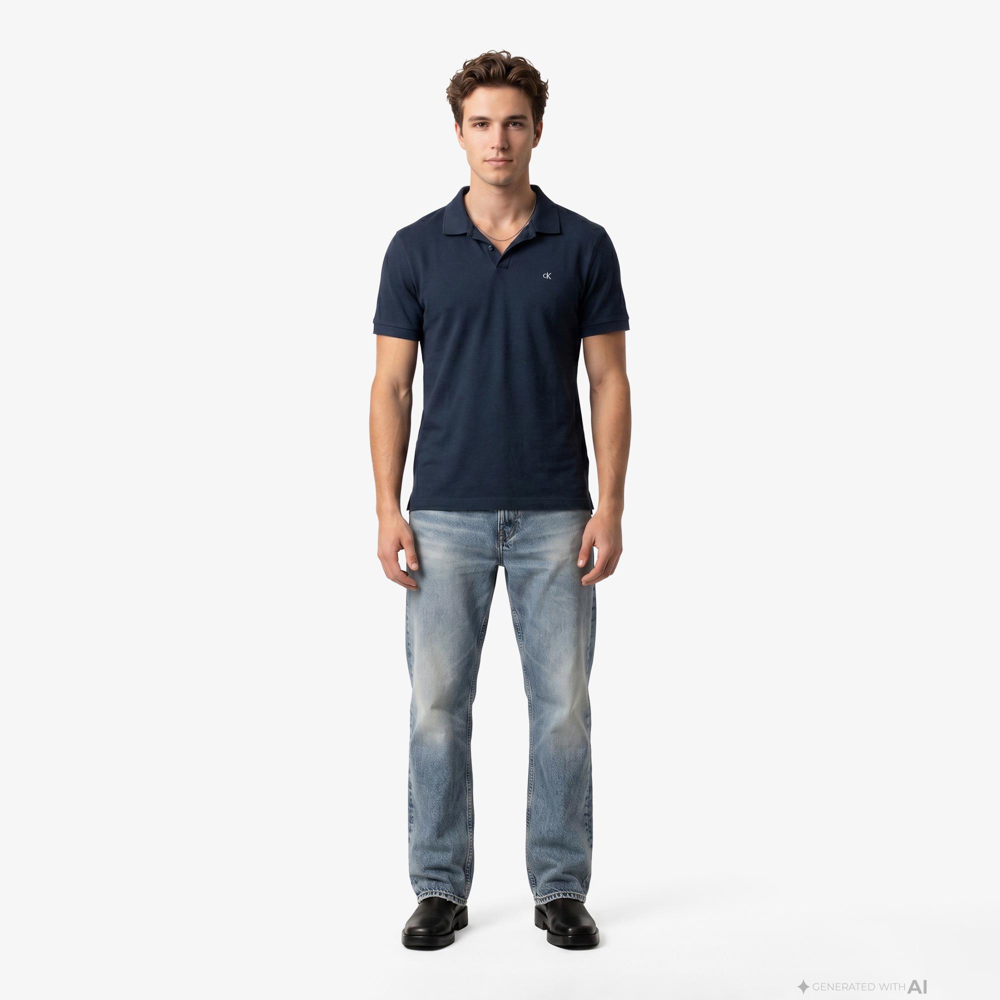 Calvin Klein Open Collar Casual Pique Erkek Mavi Polo
